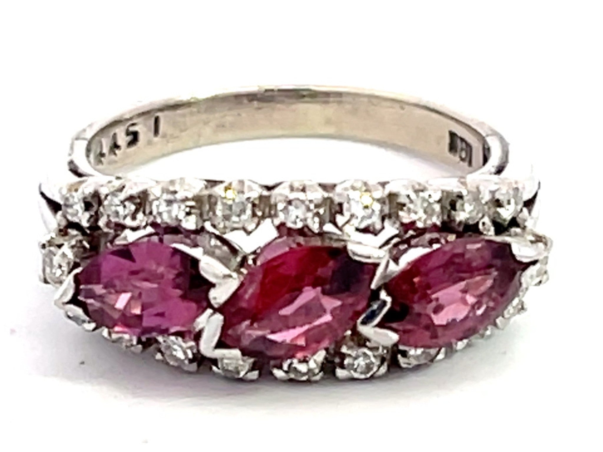 Three Marquis Red Rubies and Diamond Halo Ring in 18k White Gold