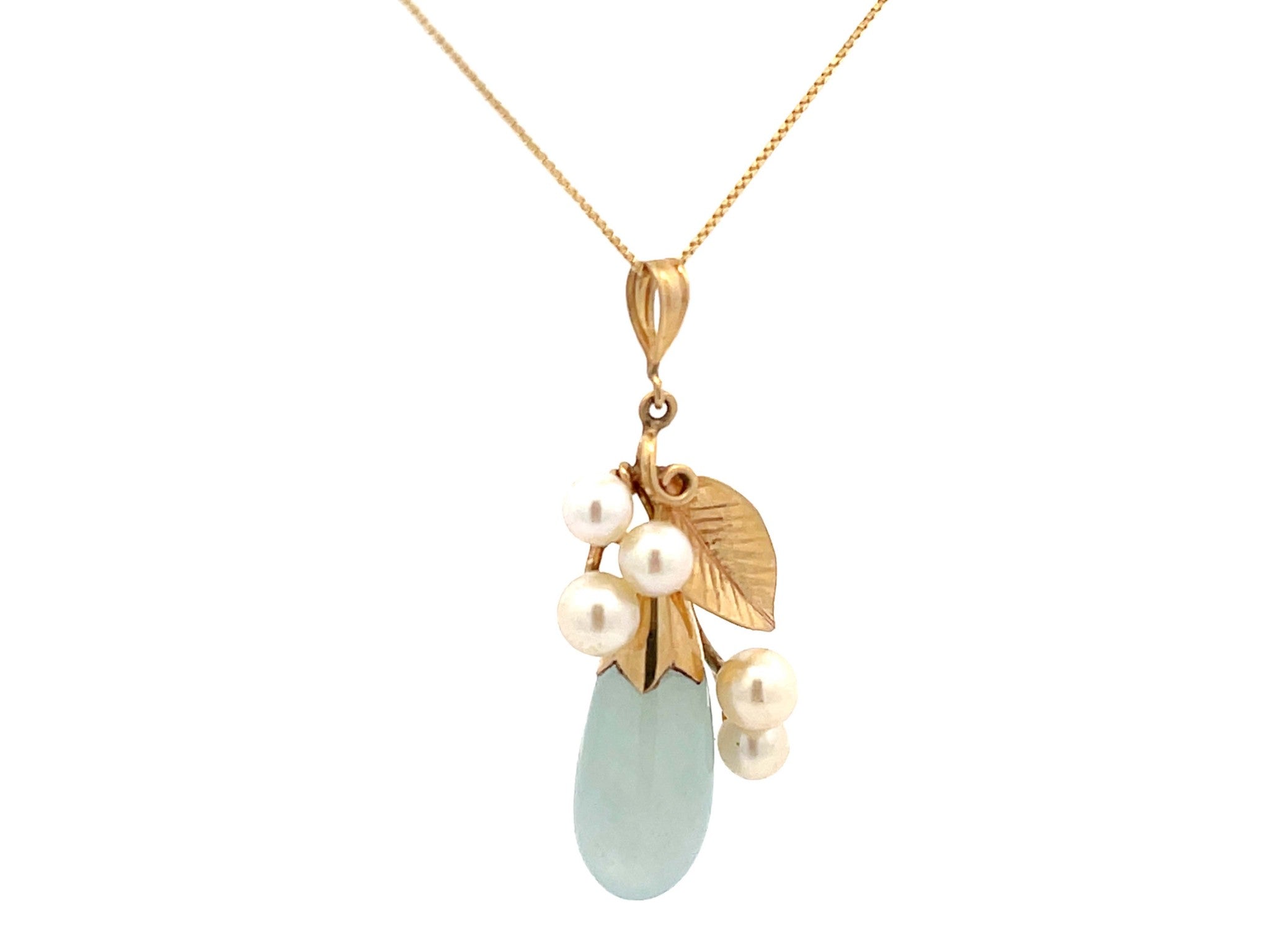 Mings Hawaii Jade and Pearl Leaf Pendant in 14k Yellow Gold with Chain