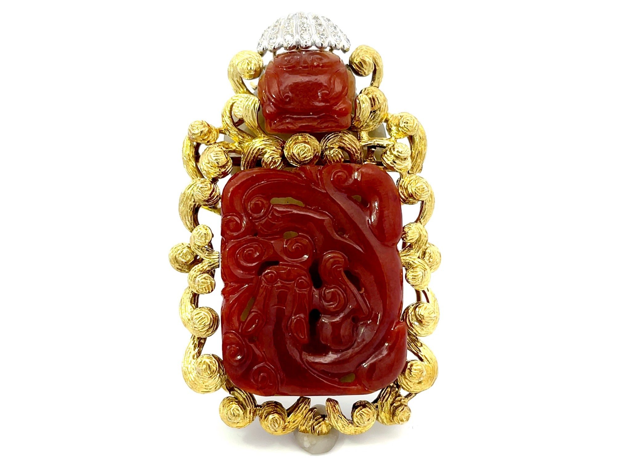 Large Buddha Themed Red Jade and Diamond Brooch/Pendant in 14k Yellow Gold