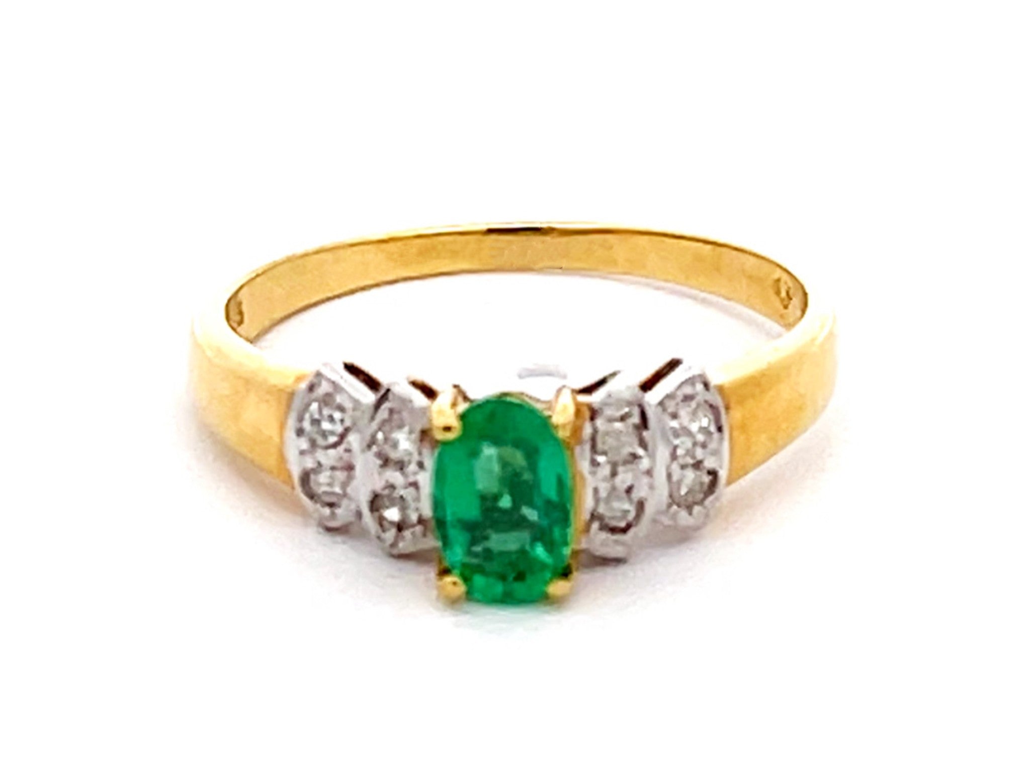 Vintage Green Oval Emerald and Diamond Ring in 14k Yellow Gold