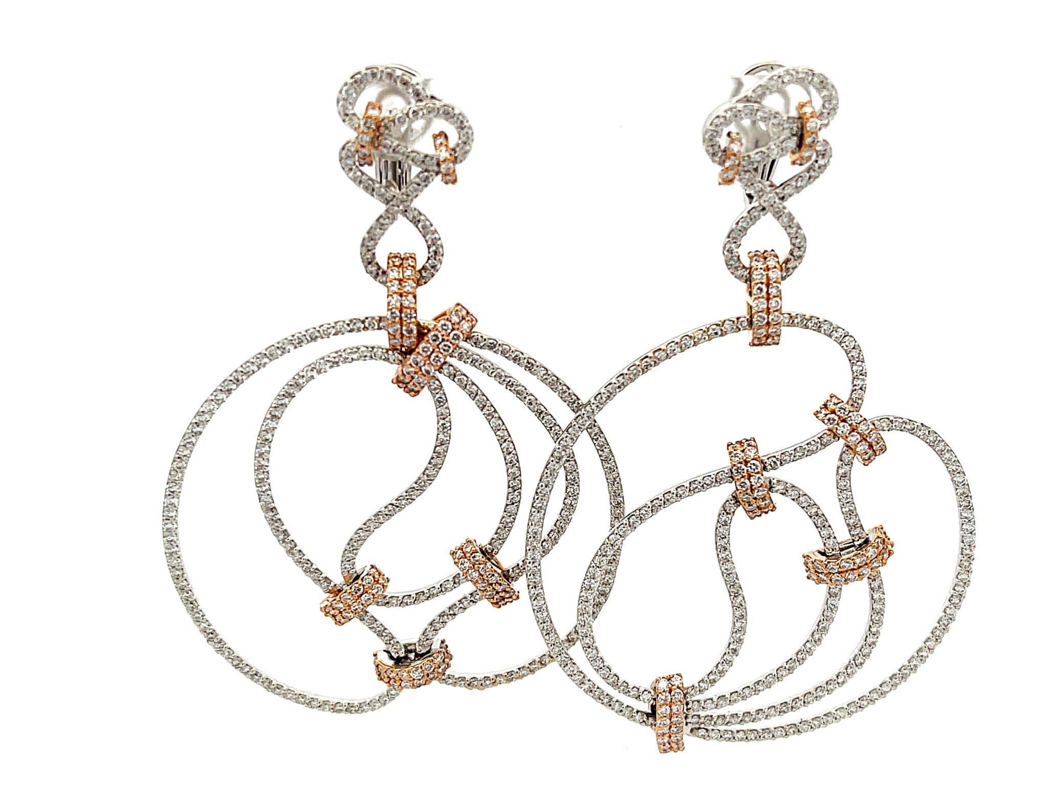 6.74 Carat Large Diamond Earrings in 18k White Gold With Rose Gold Accents