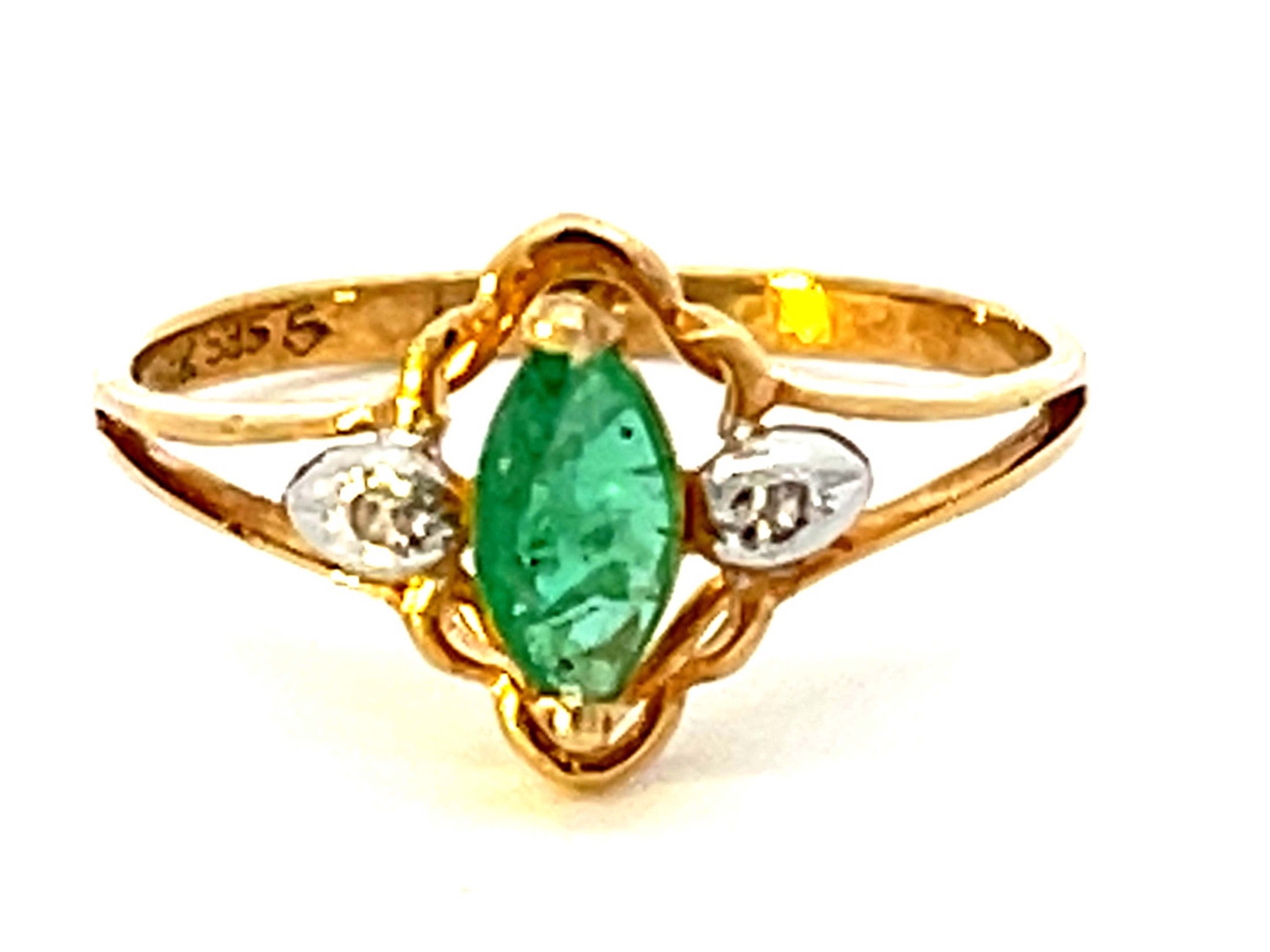 Marquise Emerald and Diamond Ring in 14k Yellow Gold