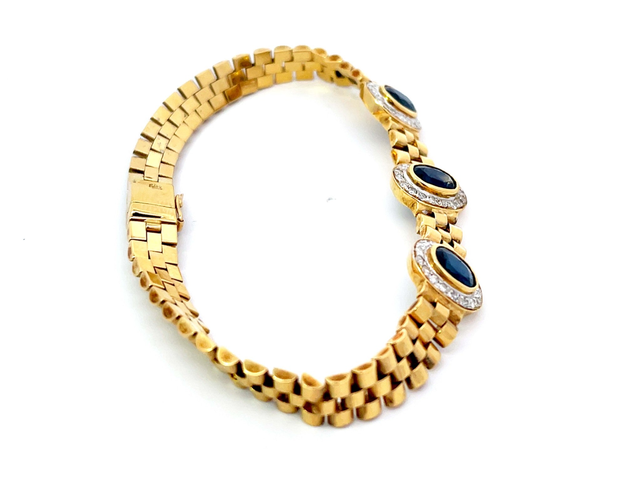 Three Sapphire Diamond Halo Link Bracelet in 18k Yellow Gold