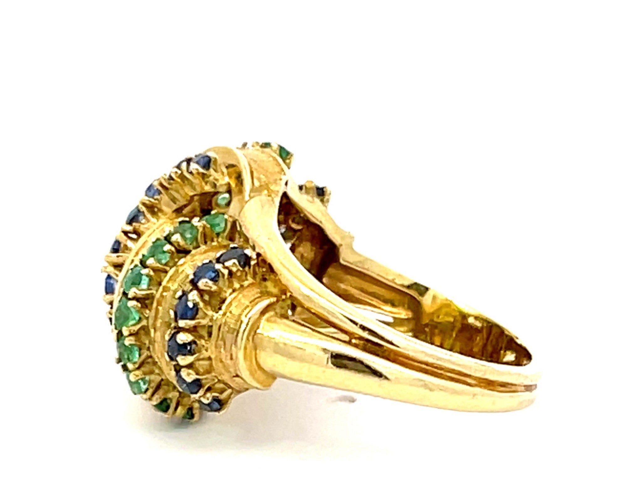 Alternating Sapphire and Emerald Rows Vintage Ring in 18k Yellow Gold