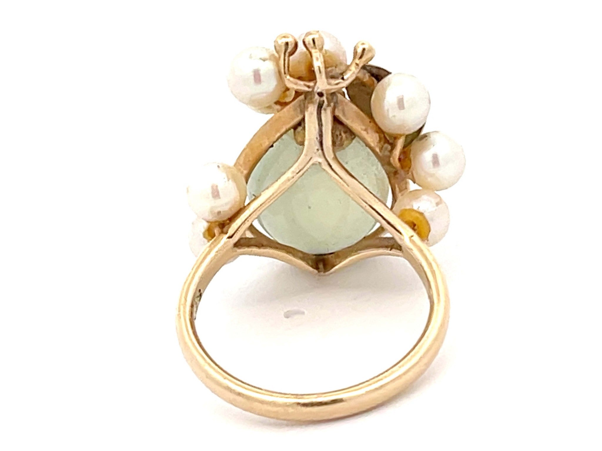 Mings Green Pear Shaped Jade and Pearl Leaf Design Ring in 14k Yellow Gold