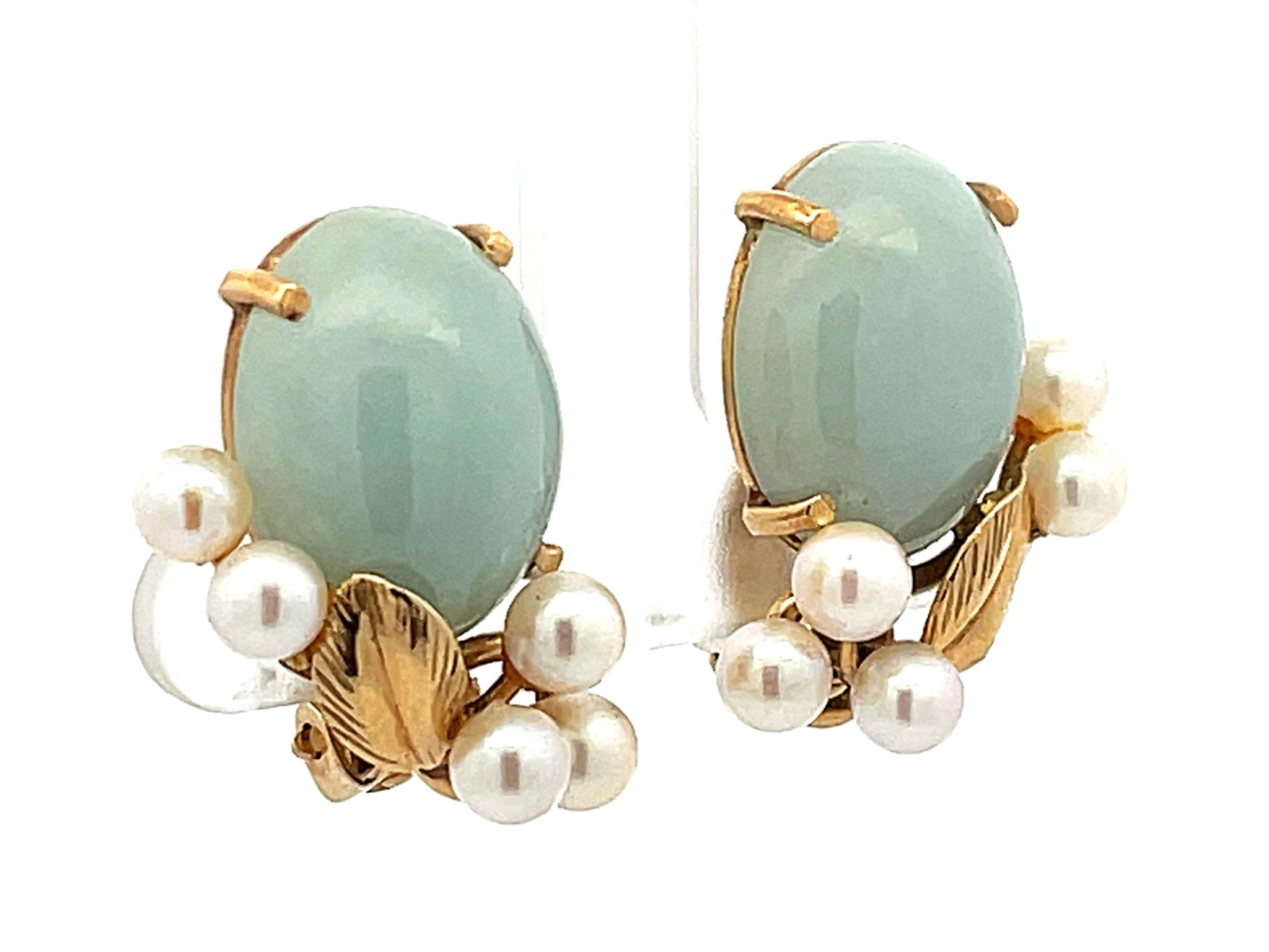 Mings Cabochon Jade and Pearl Clip on Earrings in 14k Yellow Gold