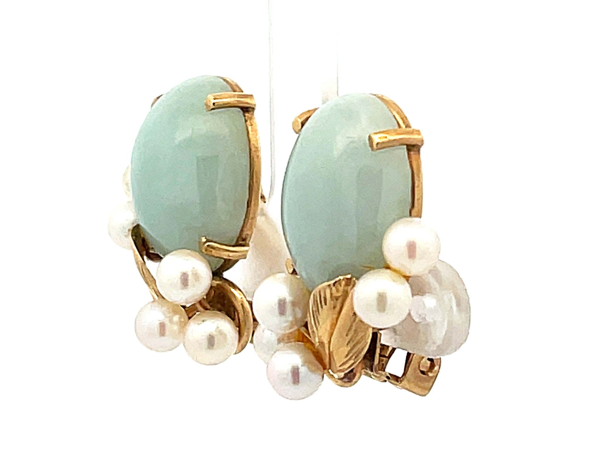 Mings Cabochon Jade and Pearl Clip on Earrings in 14k Yellow Gold
