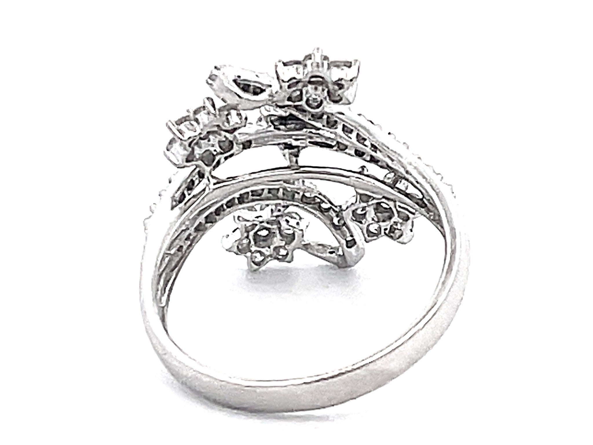 Diamond Row and Diamond Flower Wide Ring in 14k White Gold