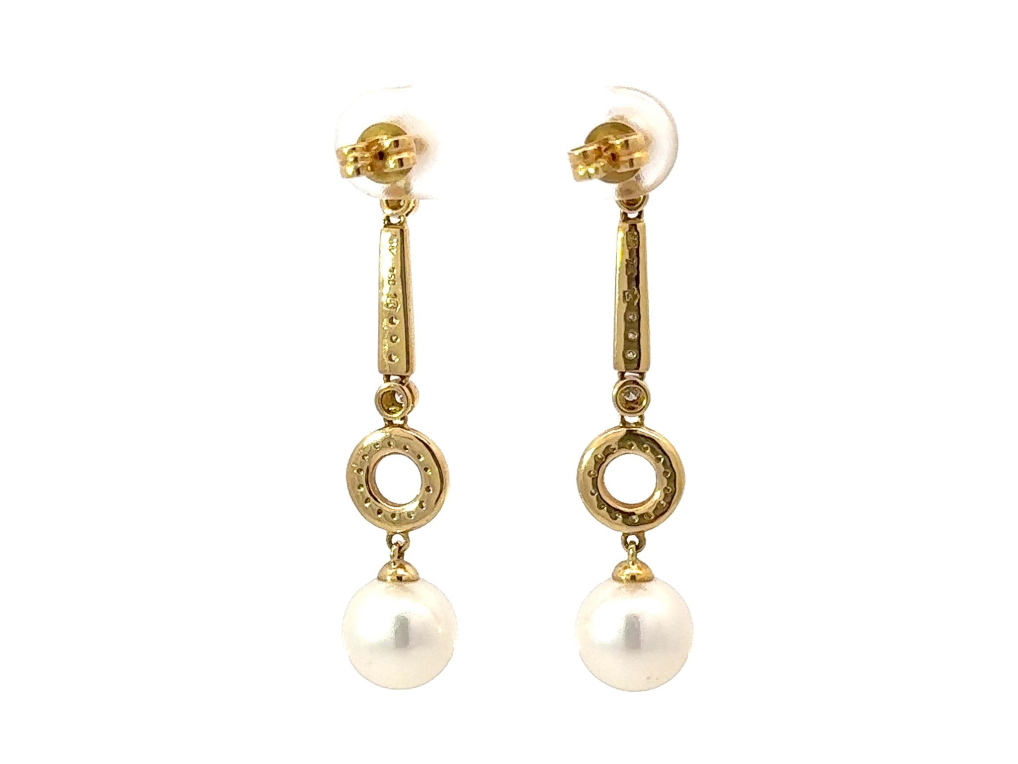 Dangly Pearl and Diamond Drop Earrings 18K Yellow Gold
