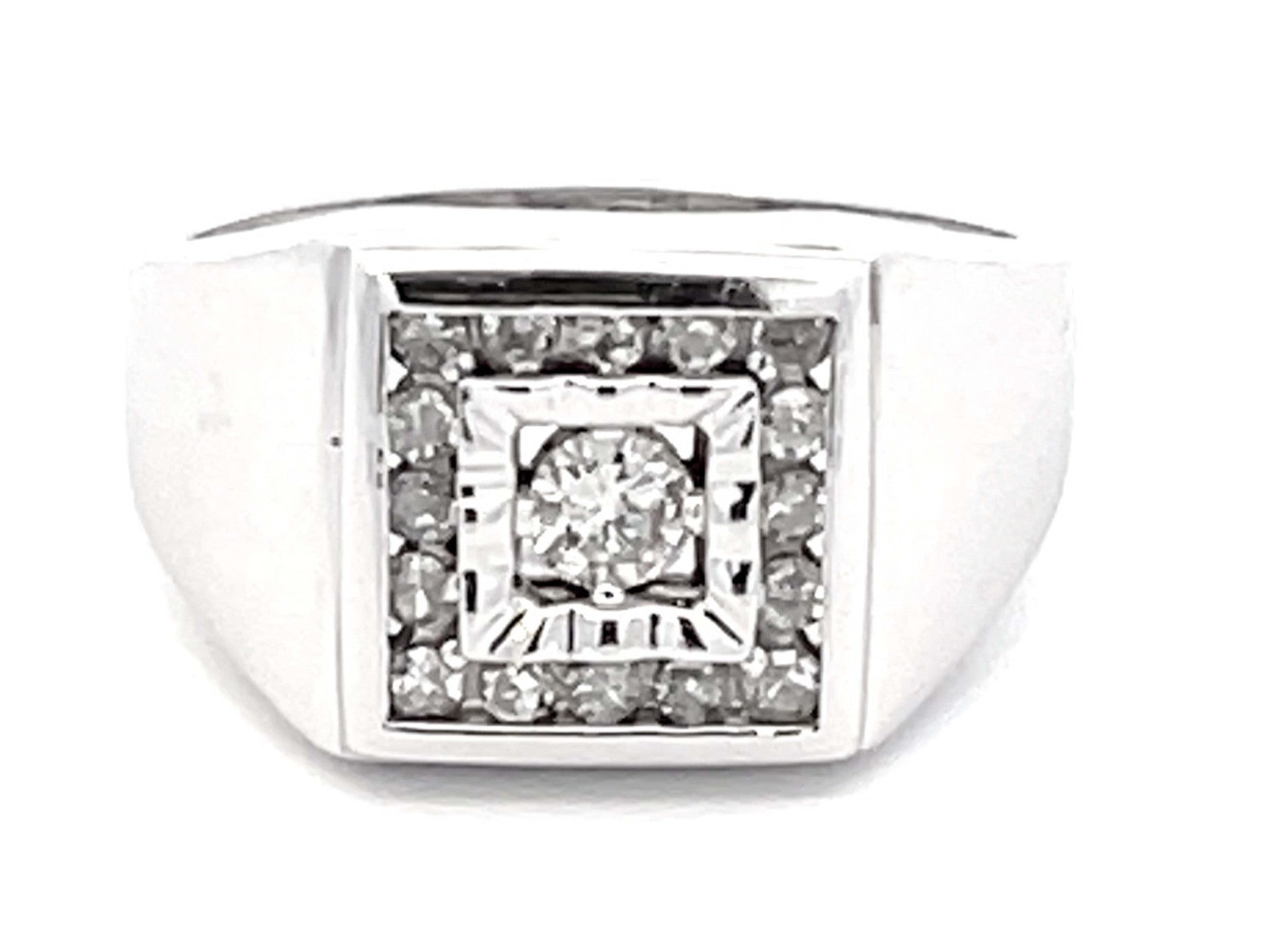 Mens Diamond Halo Pinky Ring 14k White Gold Solitaire Jewelers