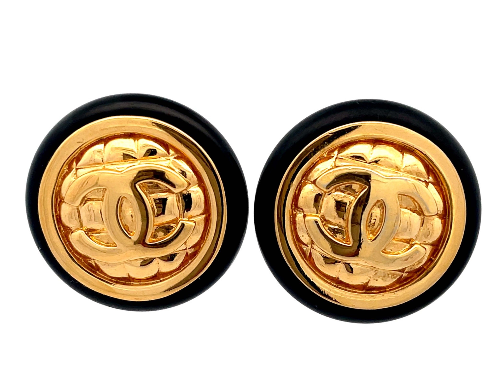 CHANEL 80s Giant Round CC Quilted Button Earrings