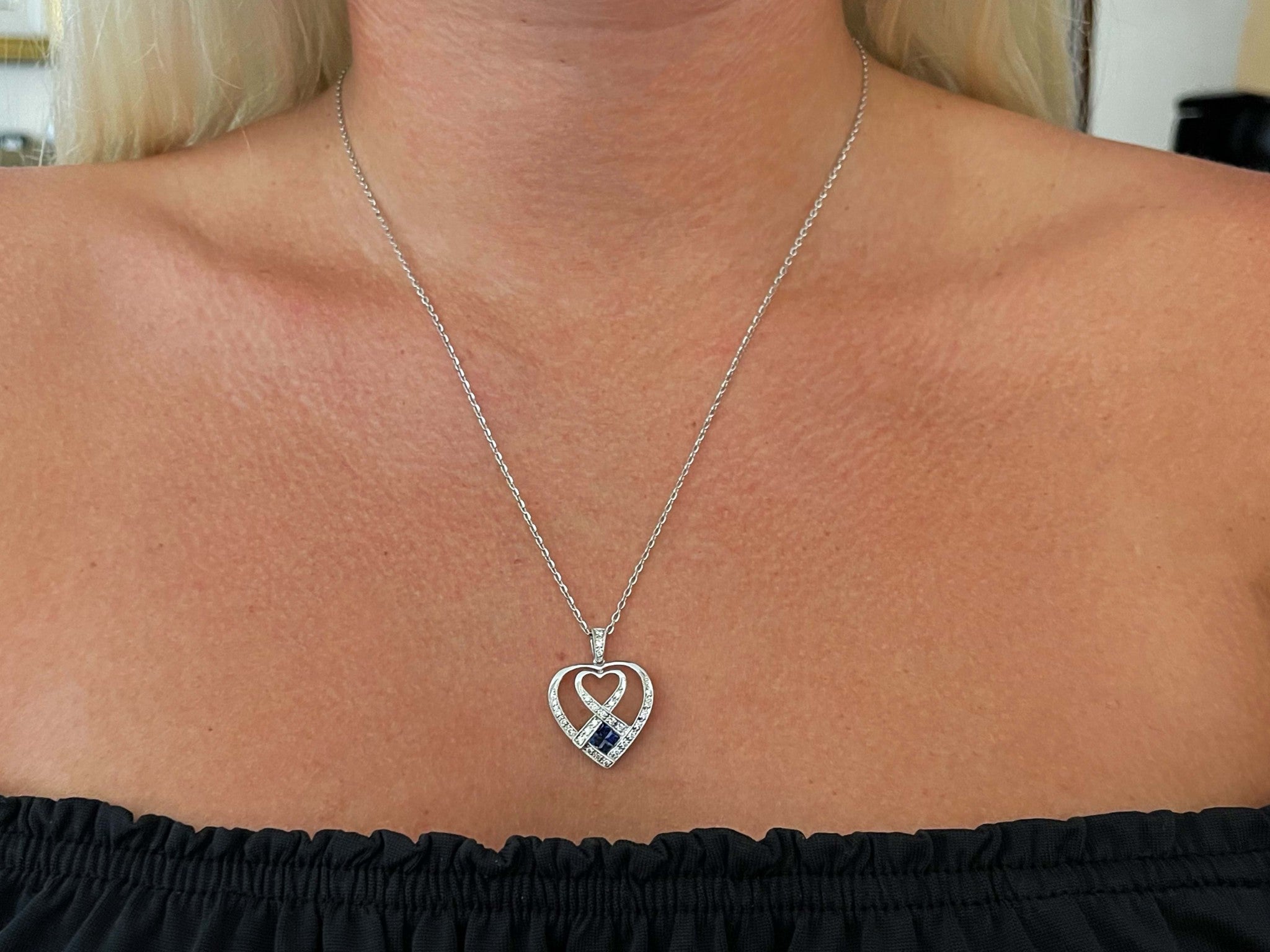 Diamond and Sapphire Heart Necklace in 18k White Gold