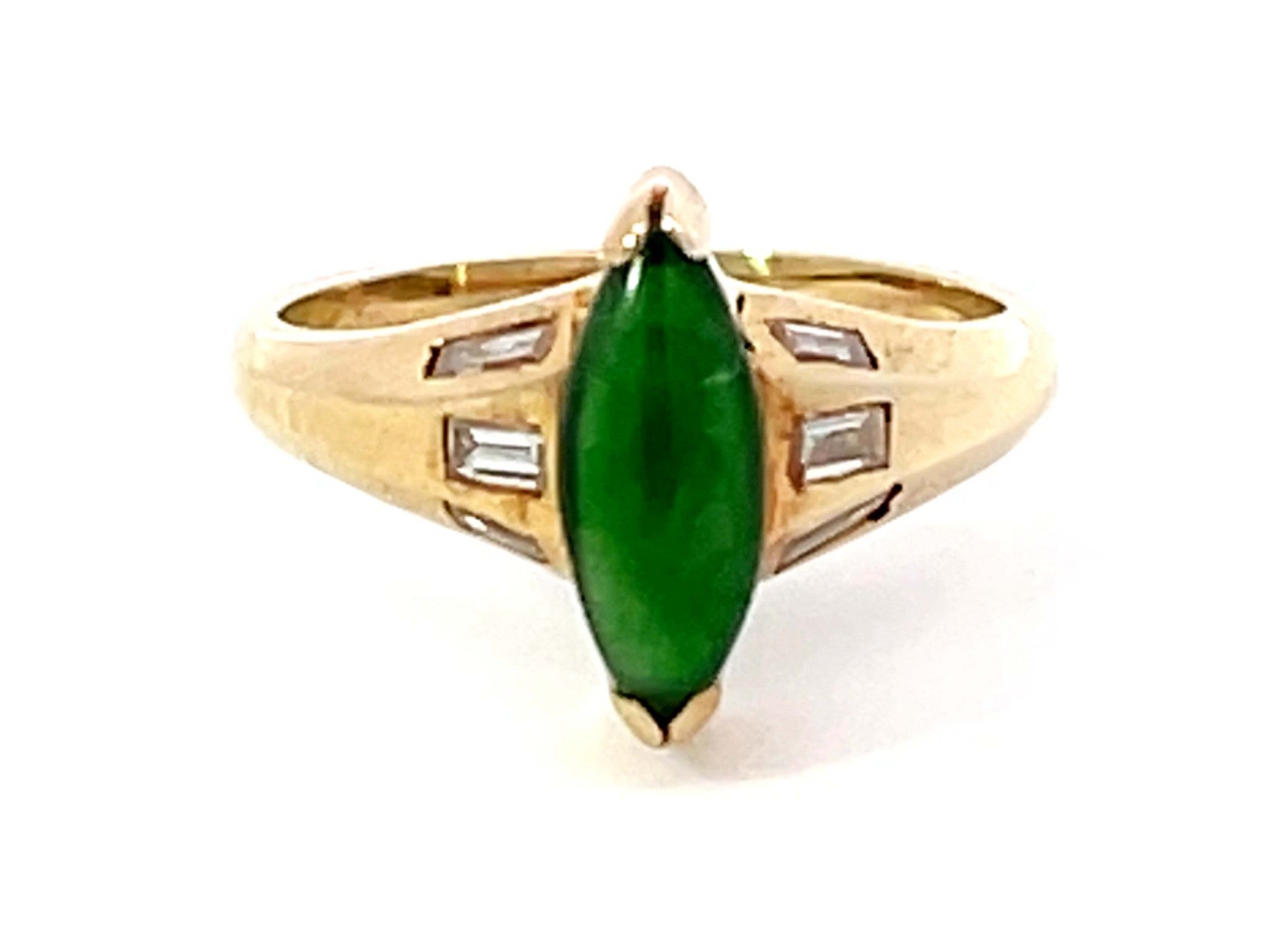 Marquise Jade Baguette Diamond Ring 14k Yellow Gold