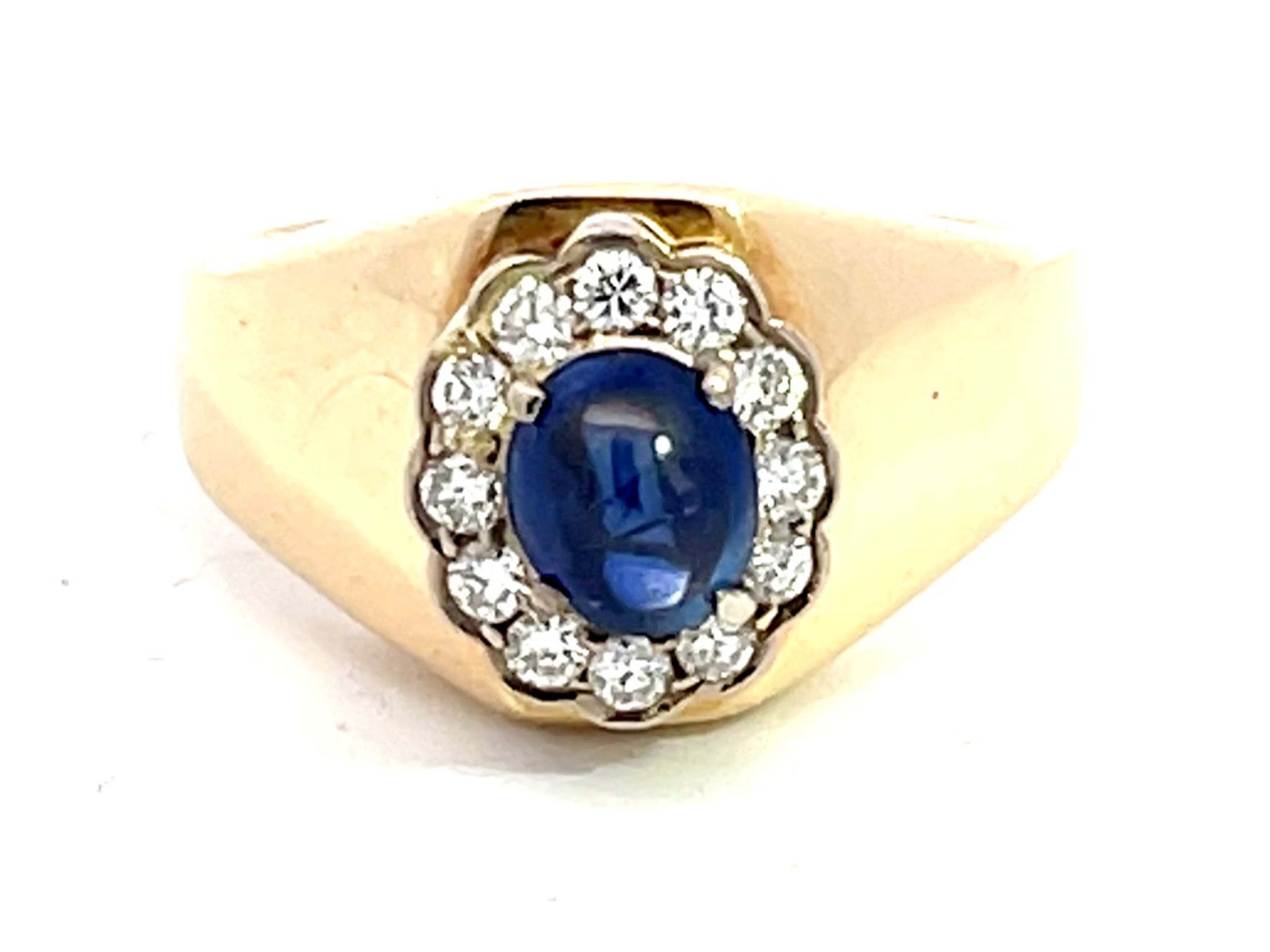 Blue Sapphire Diamond Halo Band Ring in 14k Yellow Gold