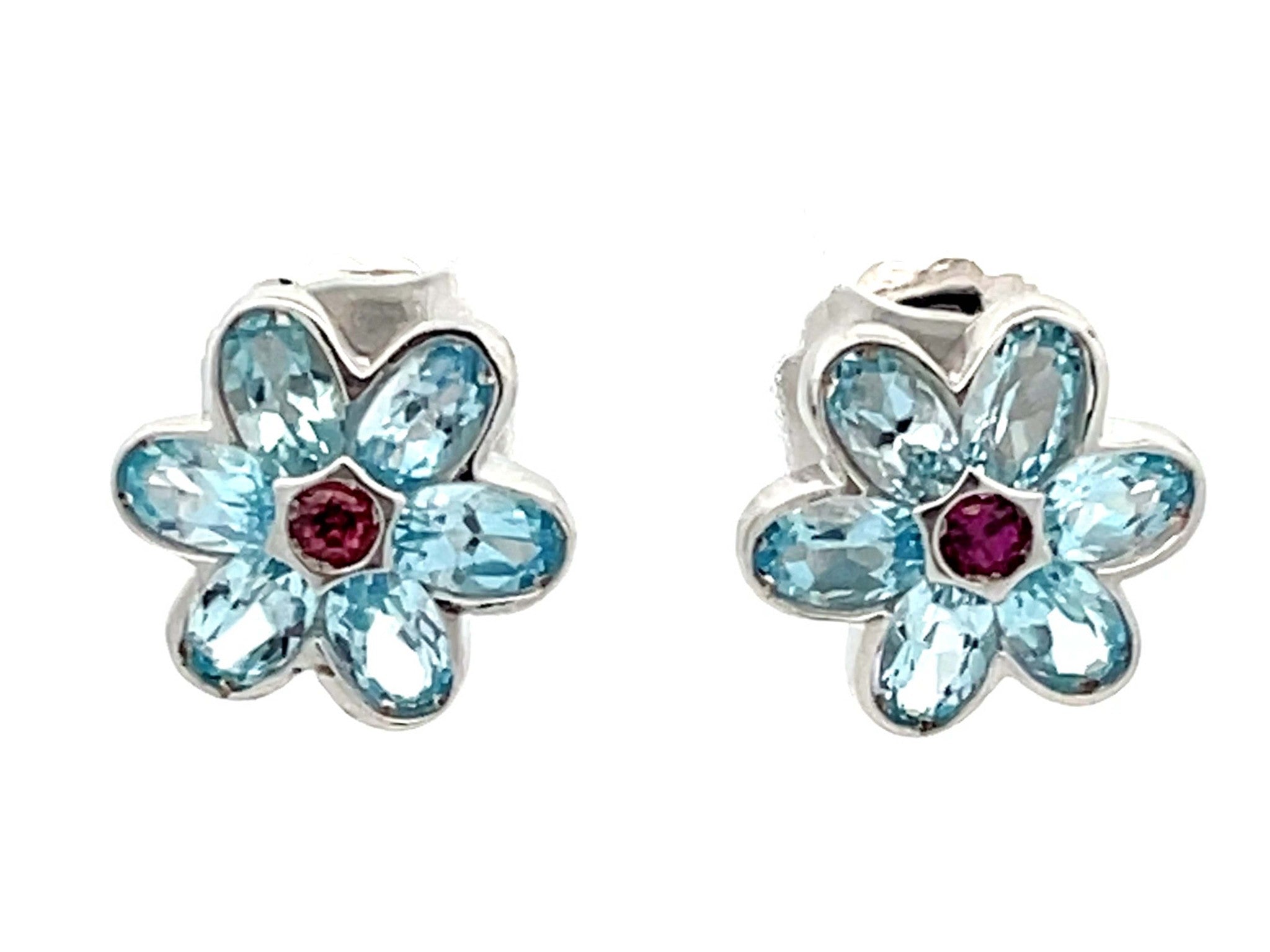 Blue Topaz and Pink Tourmaline Flower Earrings in 14k White Gold