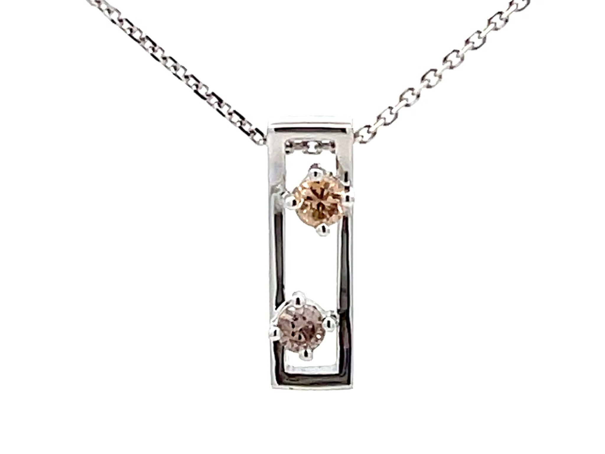 Two Champagne Diamond Rectangular Pendant Necklace 18k White Gold
