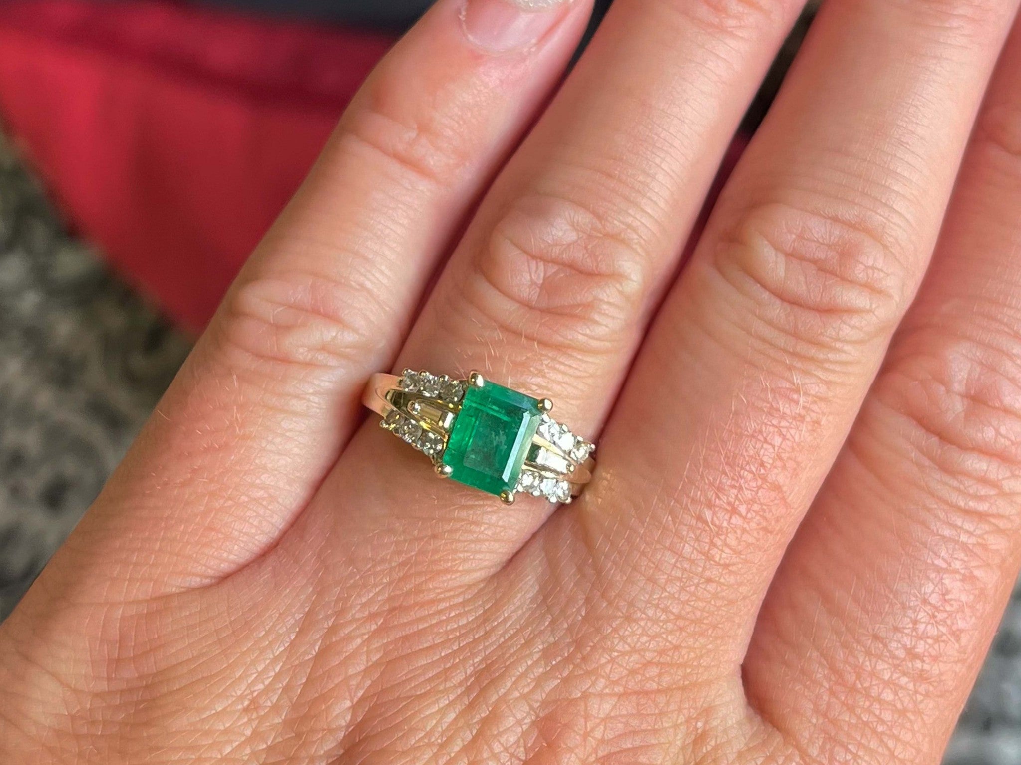 Rectangular Green Emerald and Diamond Band Ring in 14k Yellow Gold