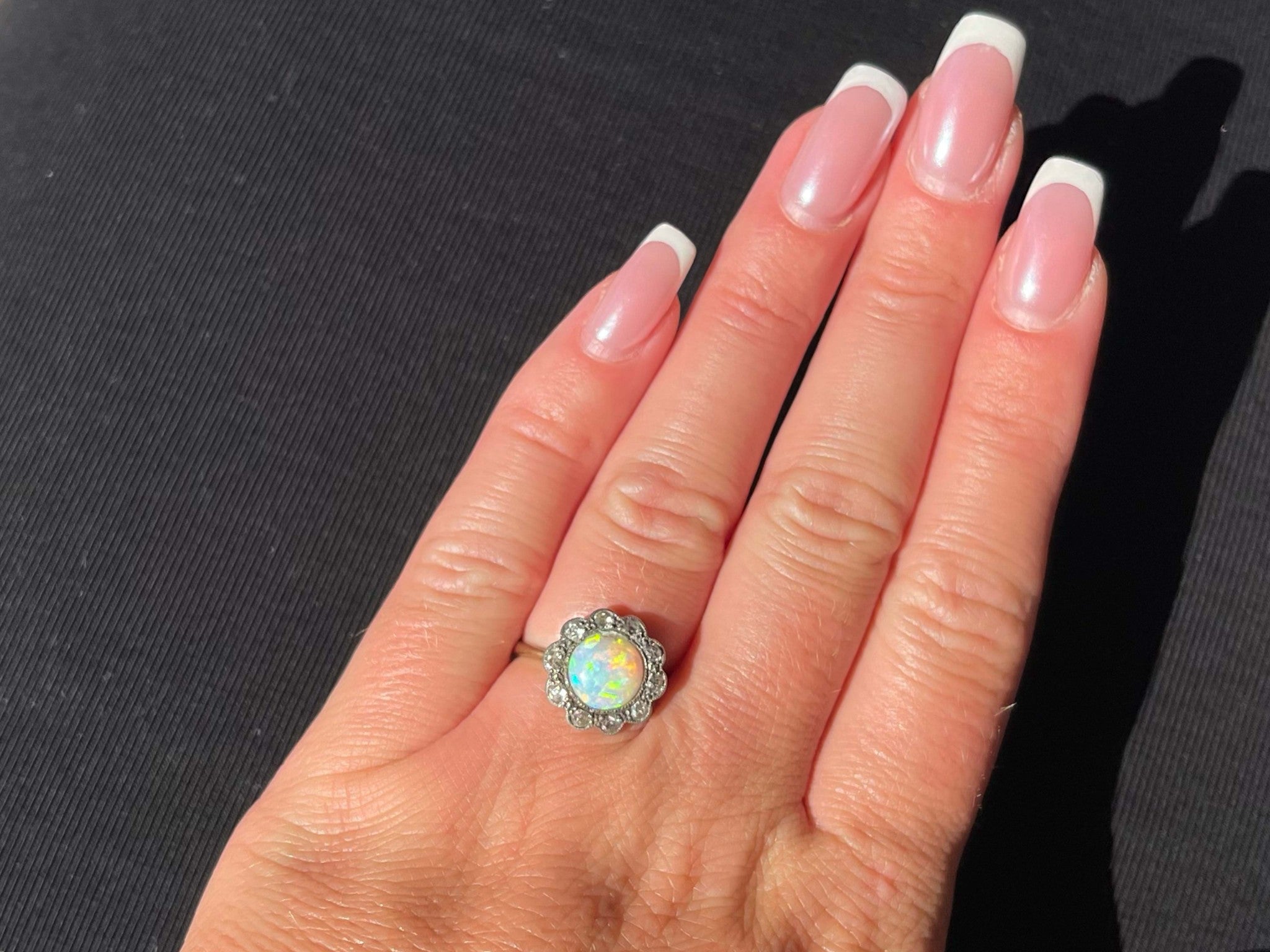 100 Year Old Antique Edwardian Era Opal and Diamond Flower Halo Ring