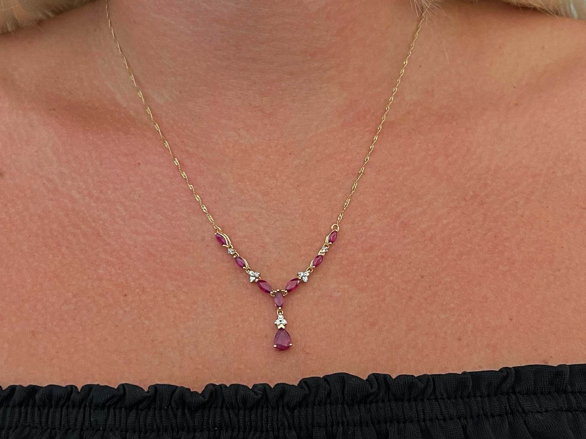 Ruby and Diamond Y Necklace in 14k Yellow Gold