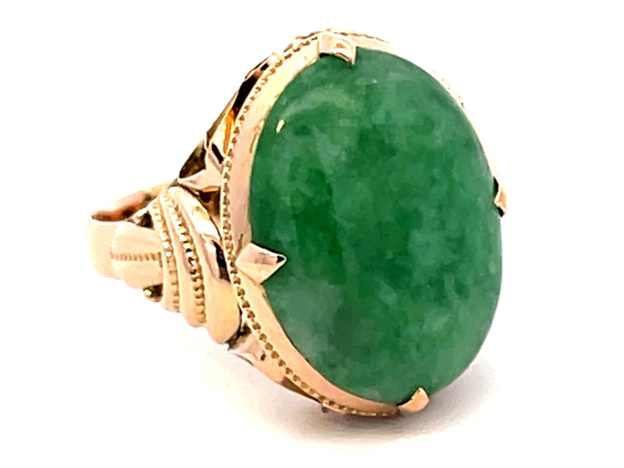 Vintage Mottled Green Jade Ring in 14k Rose Gold