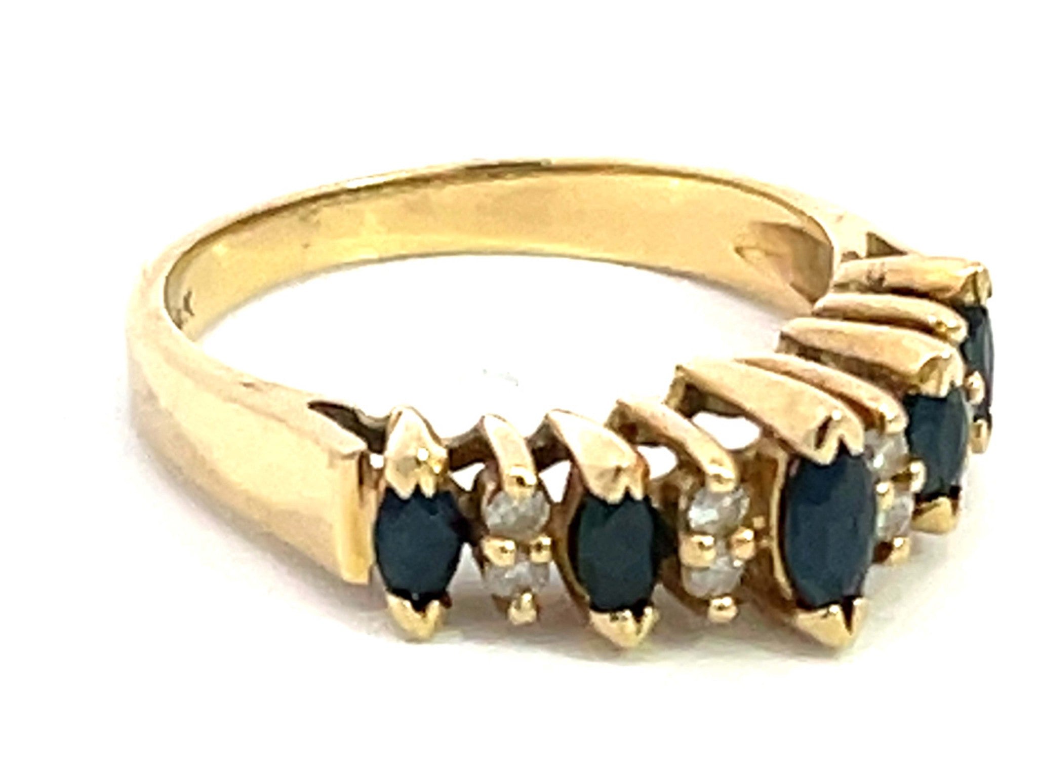 Marquise Blue Sapphire and Diamond Band Ring in 14k Yellow Gold