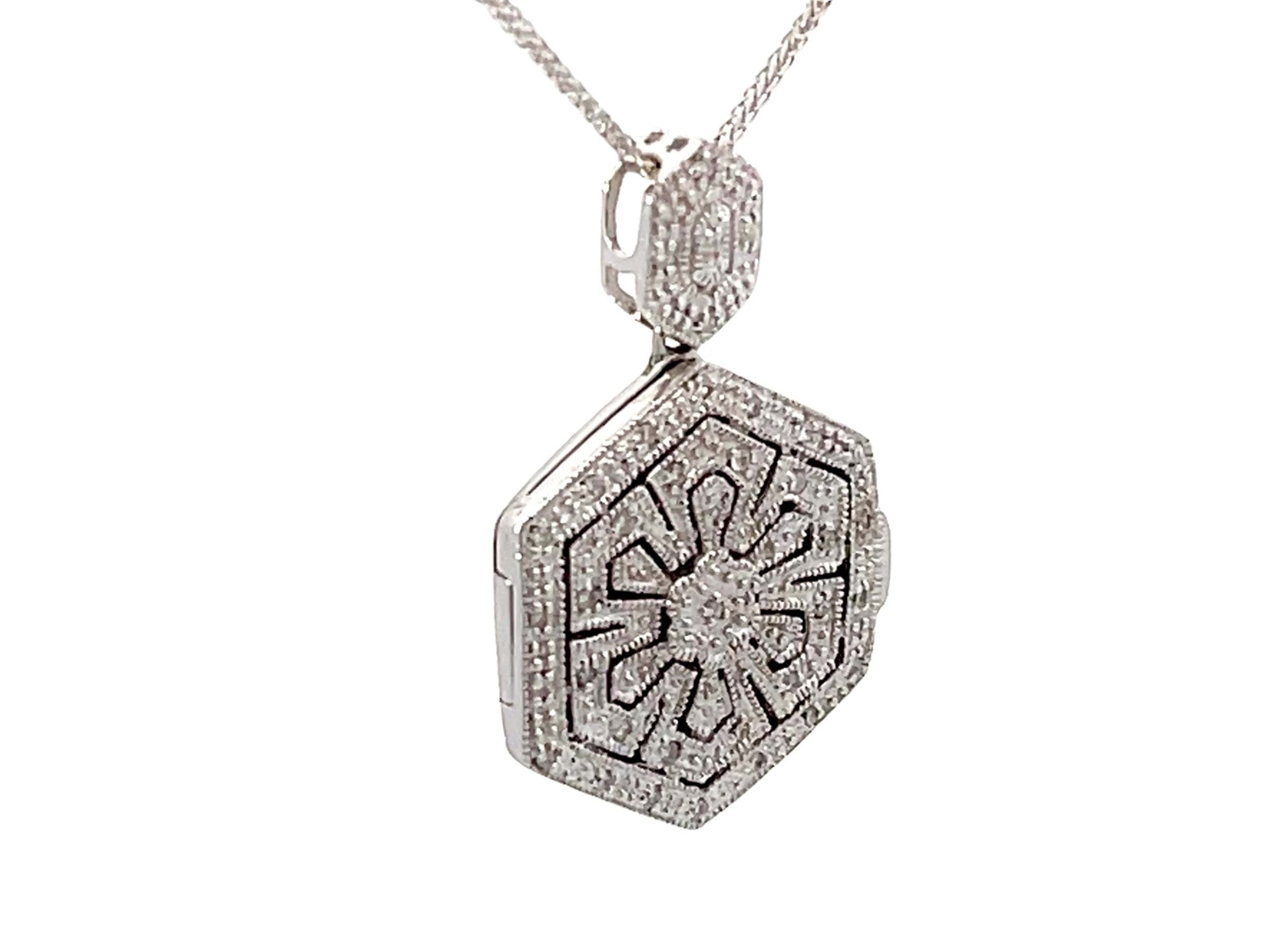 Solid 14K White Gold Hexagon Shaped Diamond Pendant and Chain