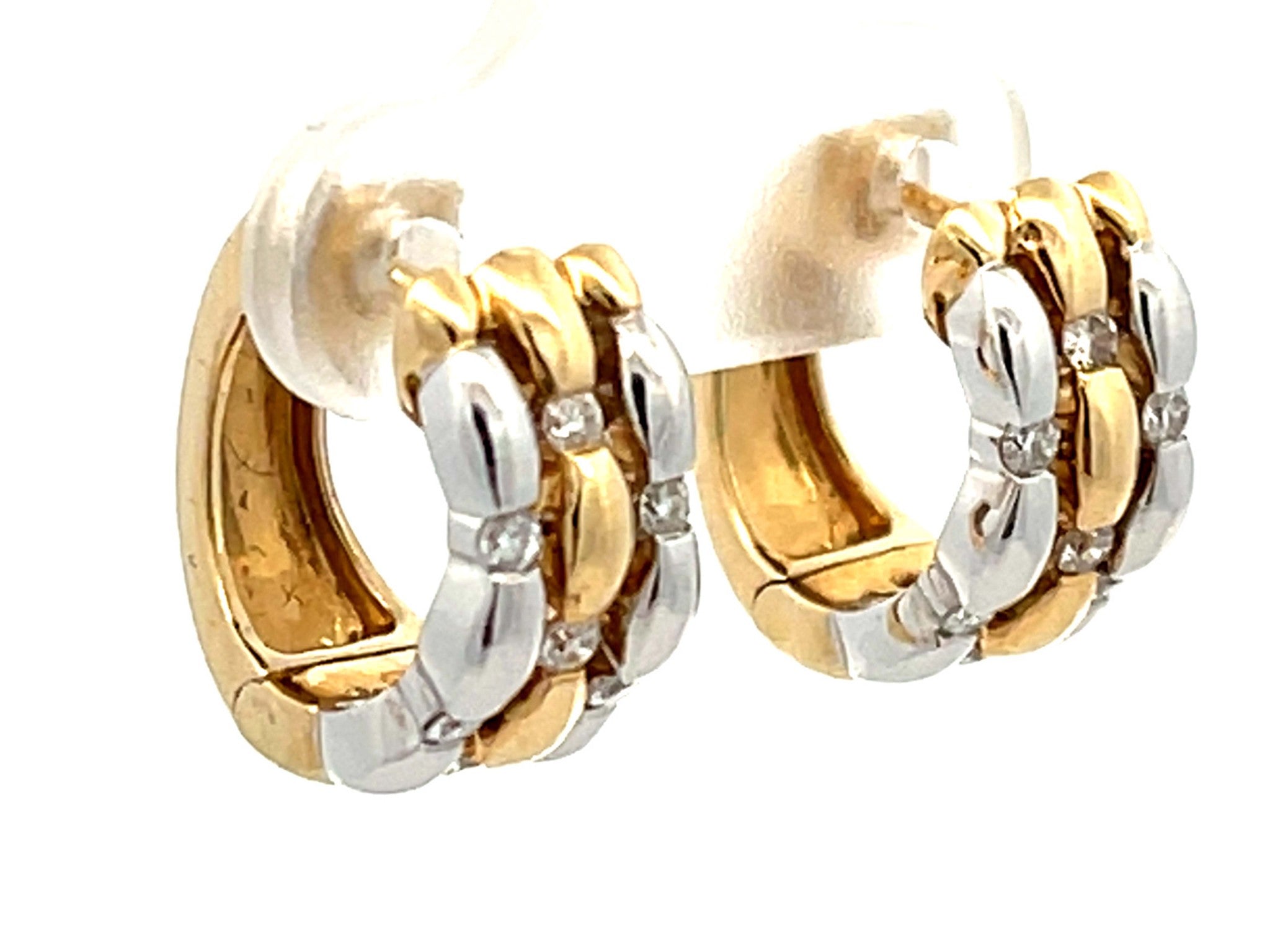 Two Toned Diamond Hoop Earrings in 14k Yellow and White Gold