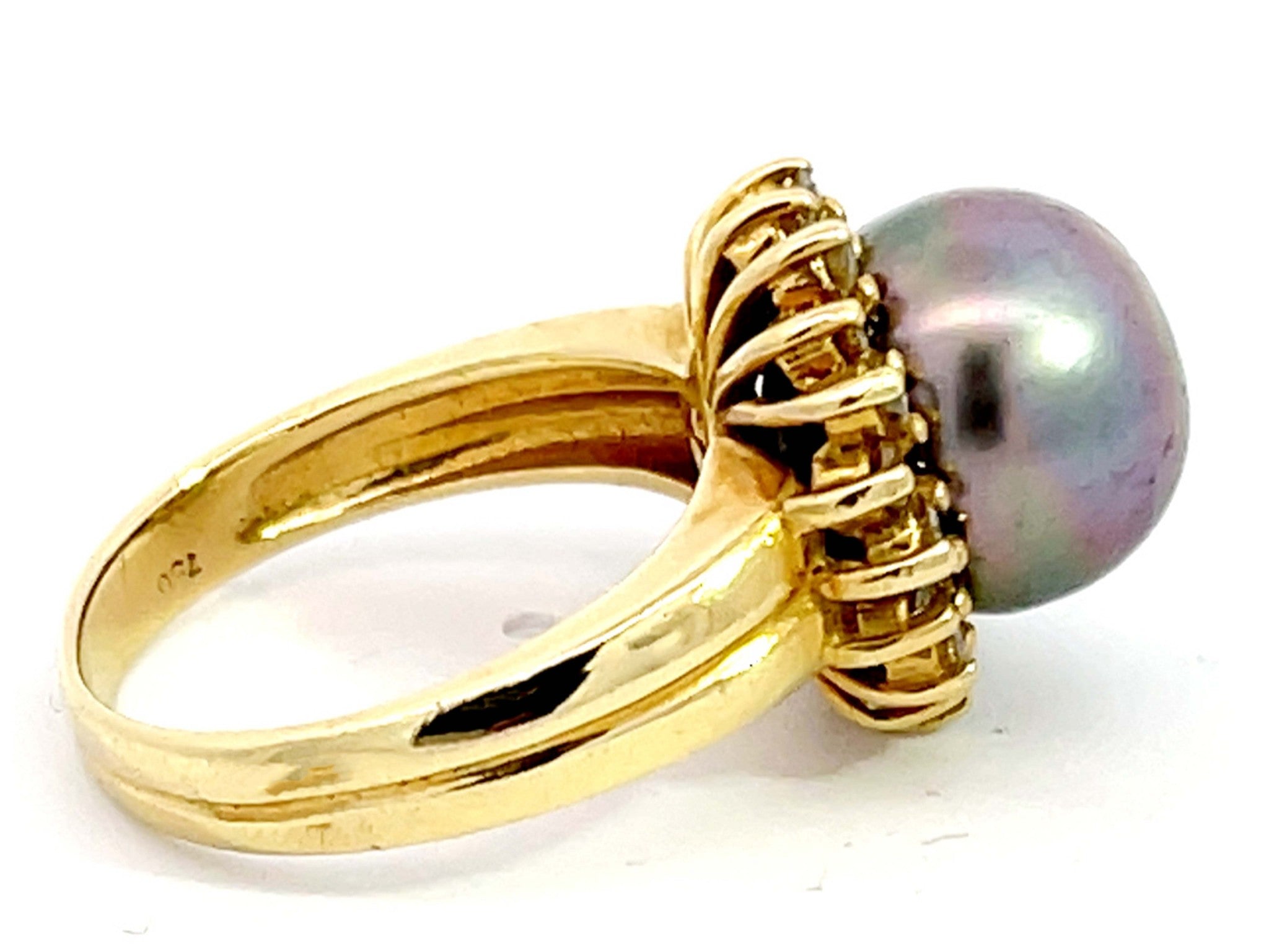 Baroque Pearl and Diamond Halo Vintage Ring in 18K Yellow Gold