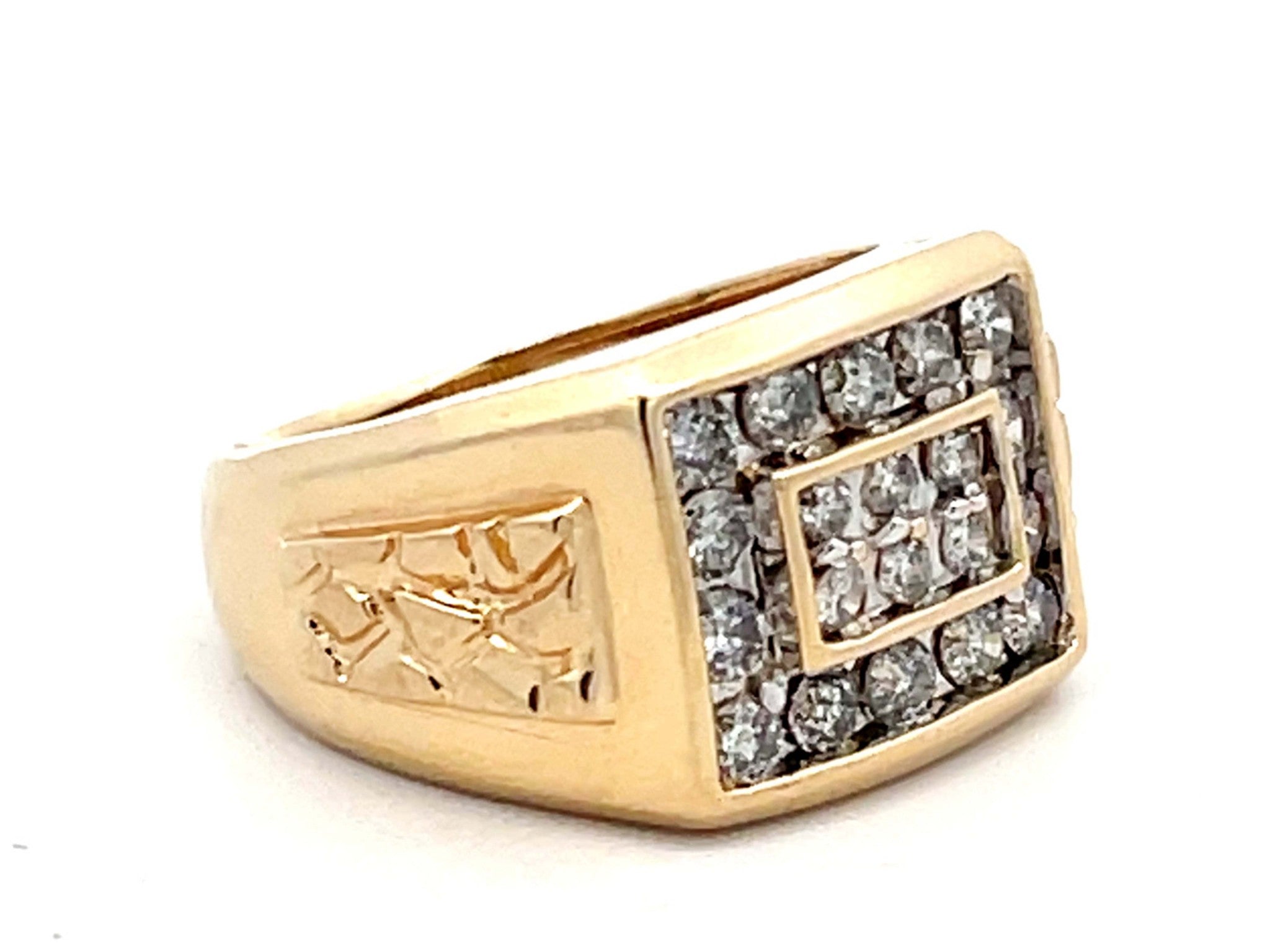 Mens Square Face Diamond Ring with Gold Nugget Shoulders in 14k Yellow Gold