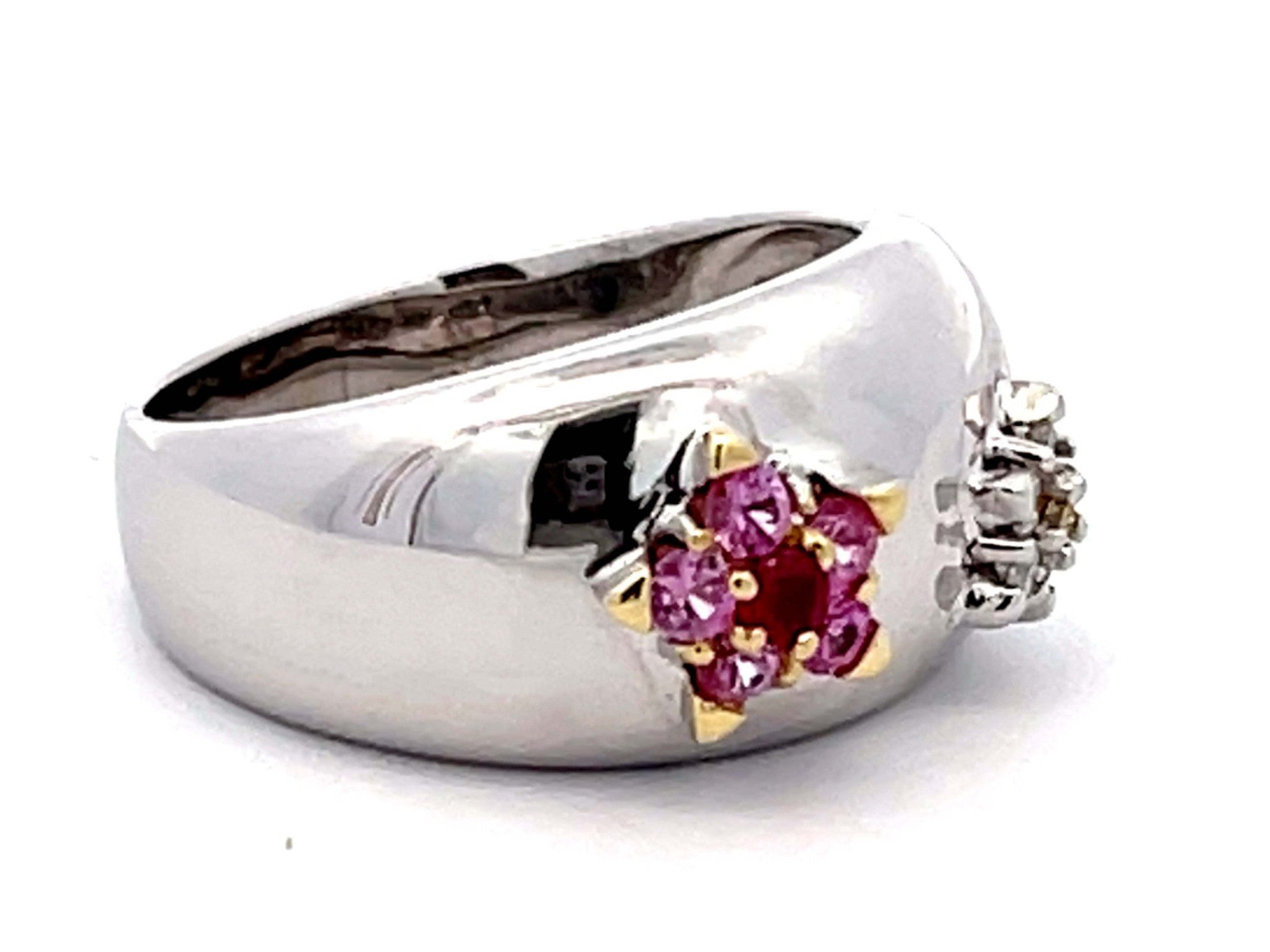 Ruby, Pink Sapphire, White and Yellow Diamond Flower Dome Ring 18k White Gold
