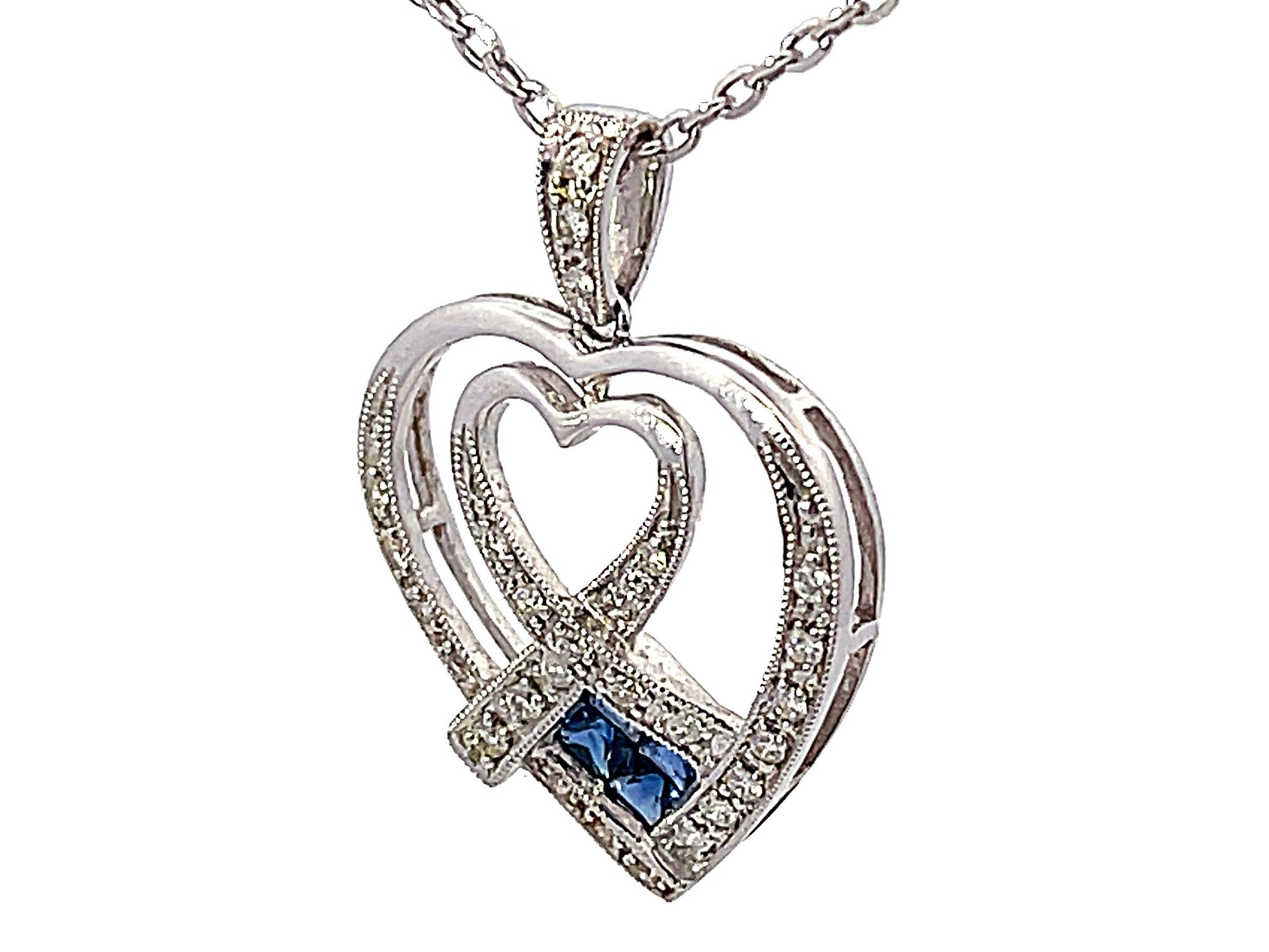 Diamond and Sapphire Heart Necklace in 18k White Gold