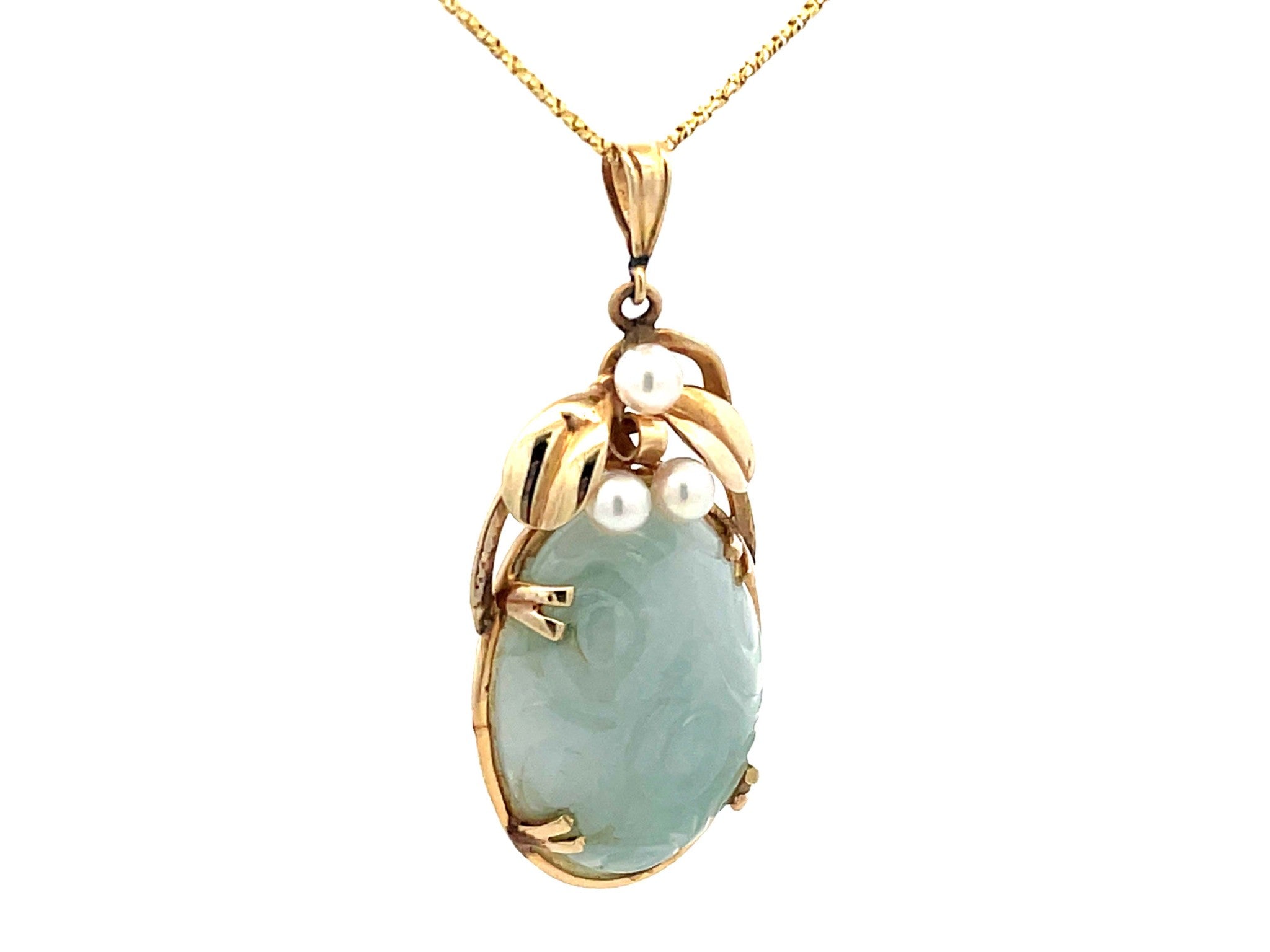 Mings Hawaii Carved Nephrite Jade & Pearl Pendant in 14k Yellow Gold with Chain