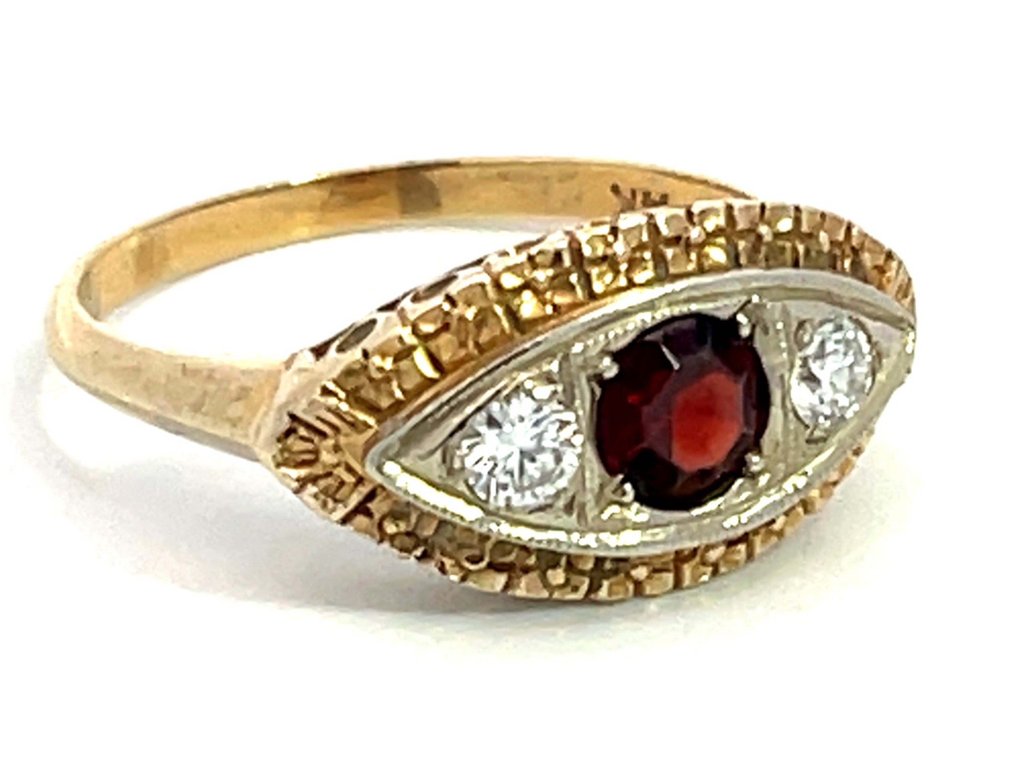 Art Deco Rubellite Garnet and Diamond Eye Ring in 14k Yellow Gold