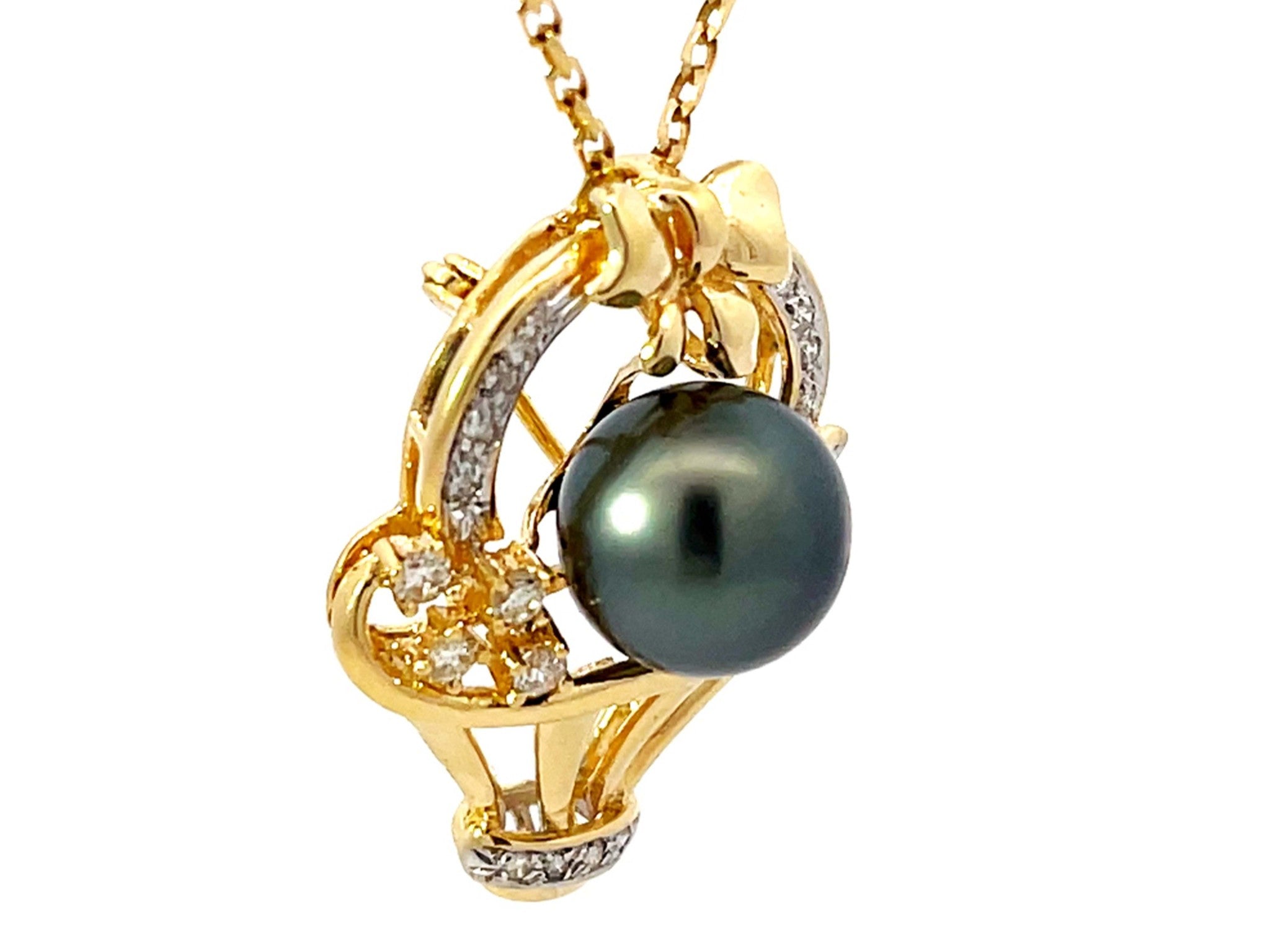 Tahitian Pearl Diamond Basket Pendant Necklace Solid 18k Yellow Gold