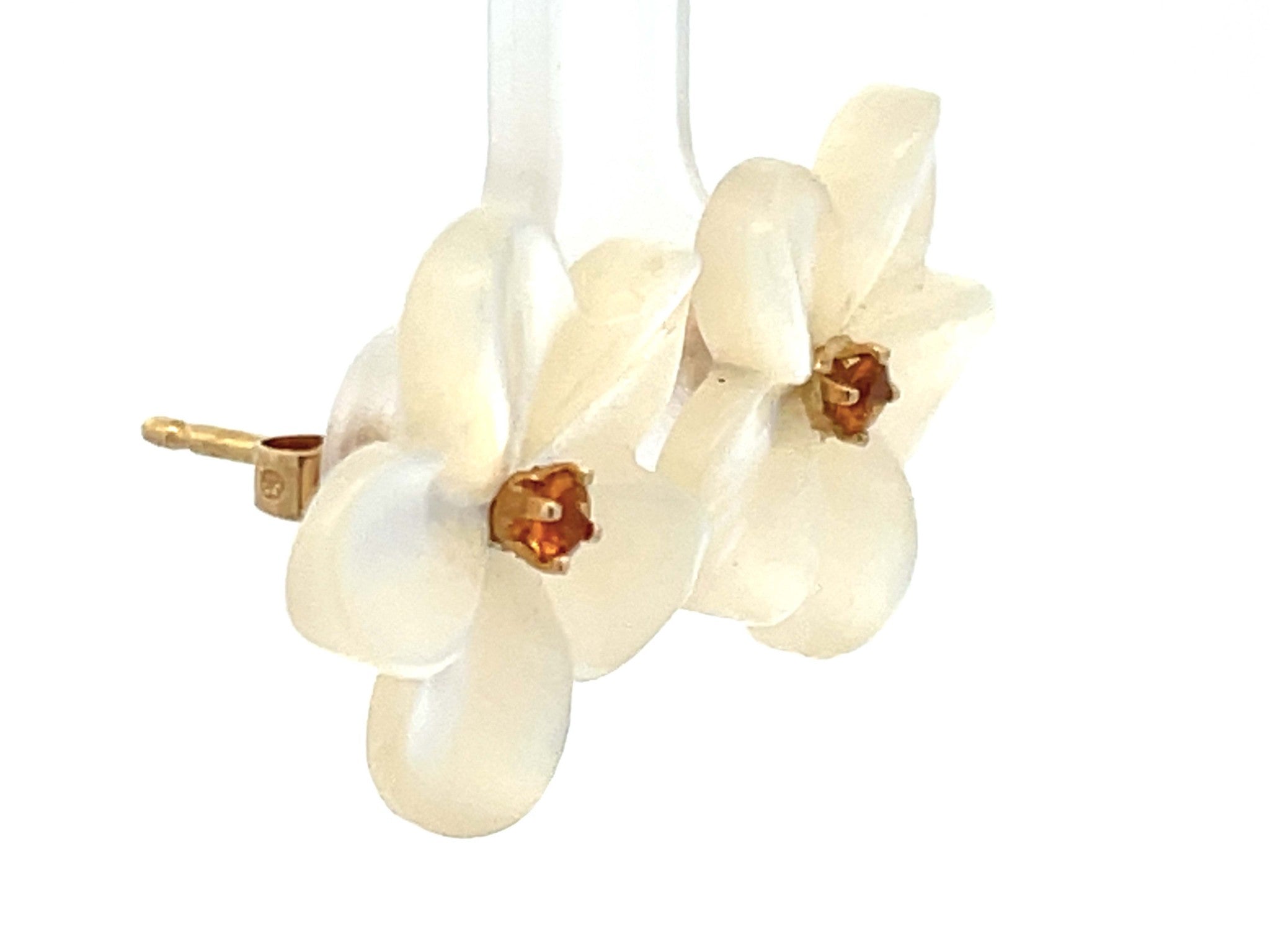 Mother of Pearl Flower Earrings with Yellow Topaz Centers in 14K Yellow Gold