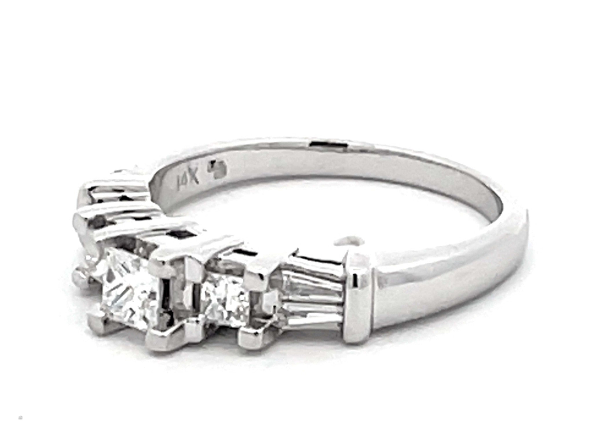 Princess Cut Diamond and Baguette Engagement Ring 14k White Gold