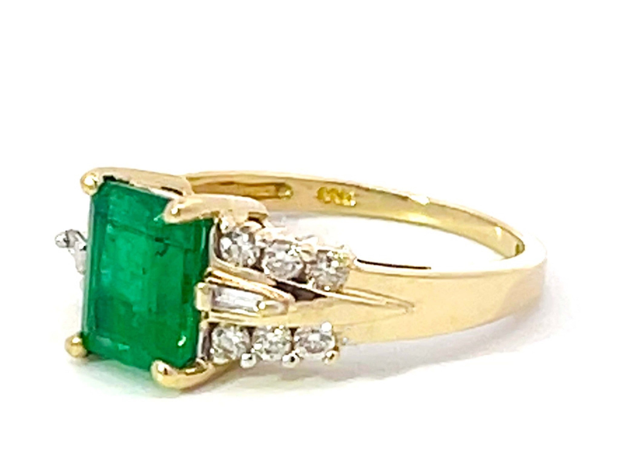 Rectangular Green Emerald and Diamond Band Ring in 14k Yellow Gold