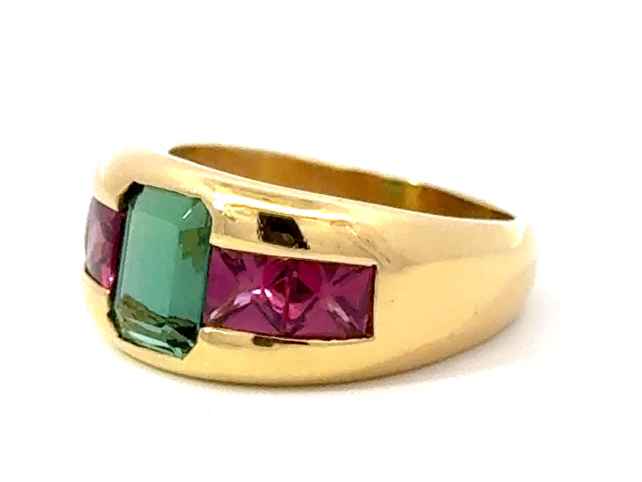 Pink and Green Tourmaline Ring 18k Yellow Gold