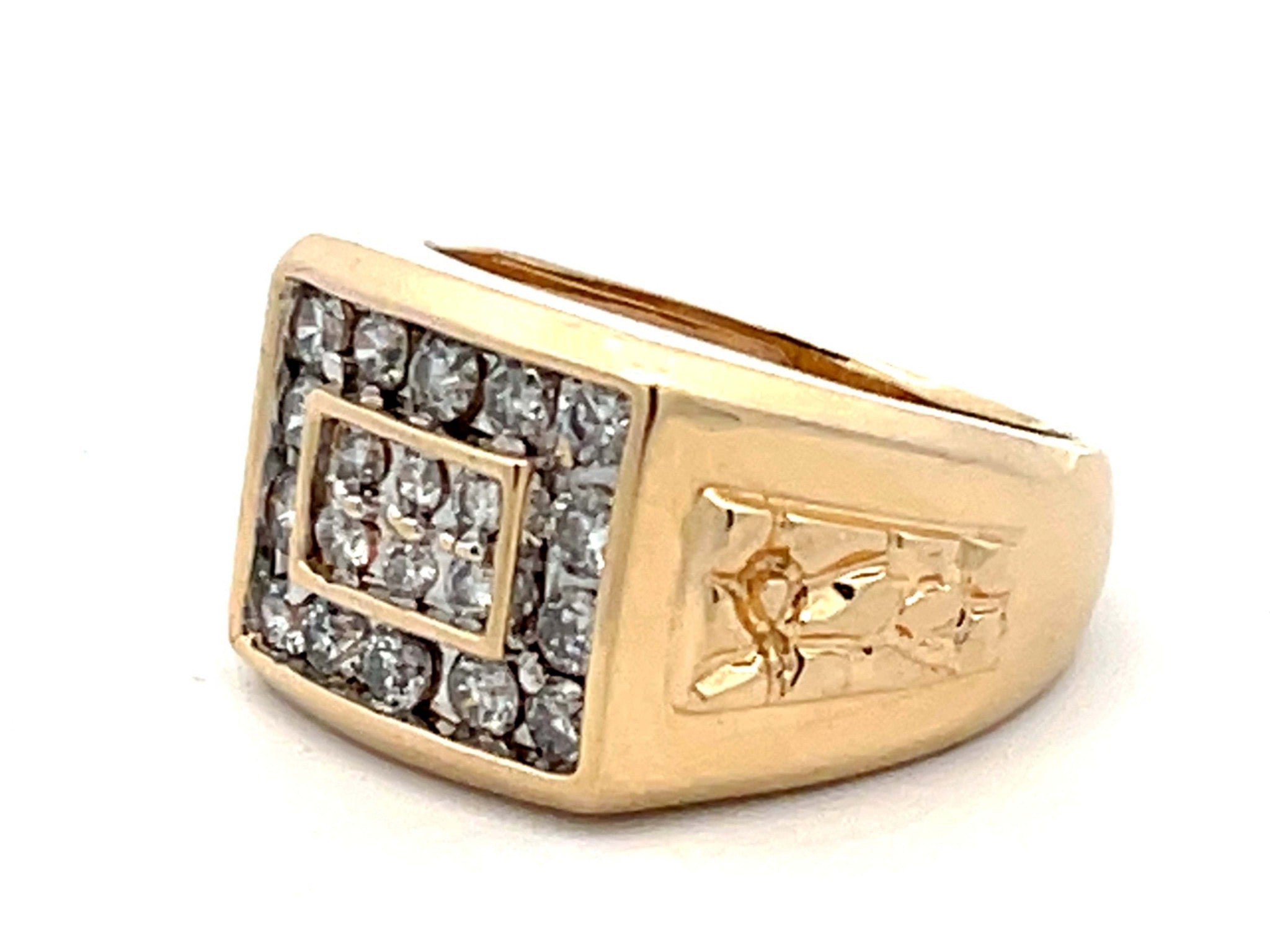 Mens Square Face Diamond Ring with Gold Nugget Shoulders in 14k Yellow Gold