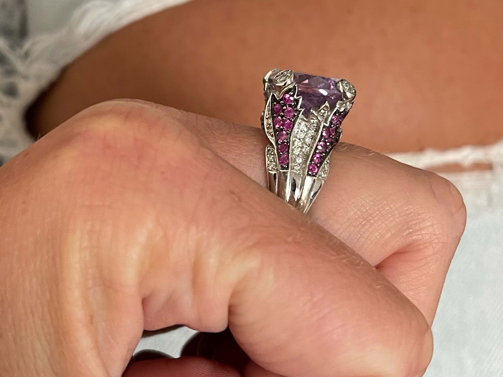 Purplish Pink Kunzite Ruby and Diamond Ring in 18k White Gold