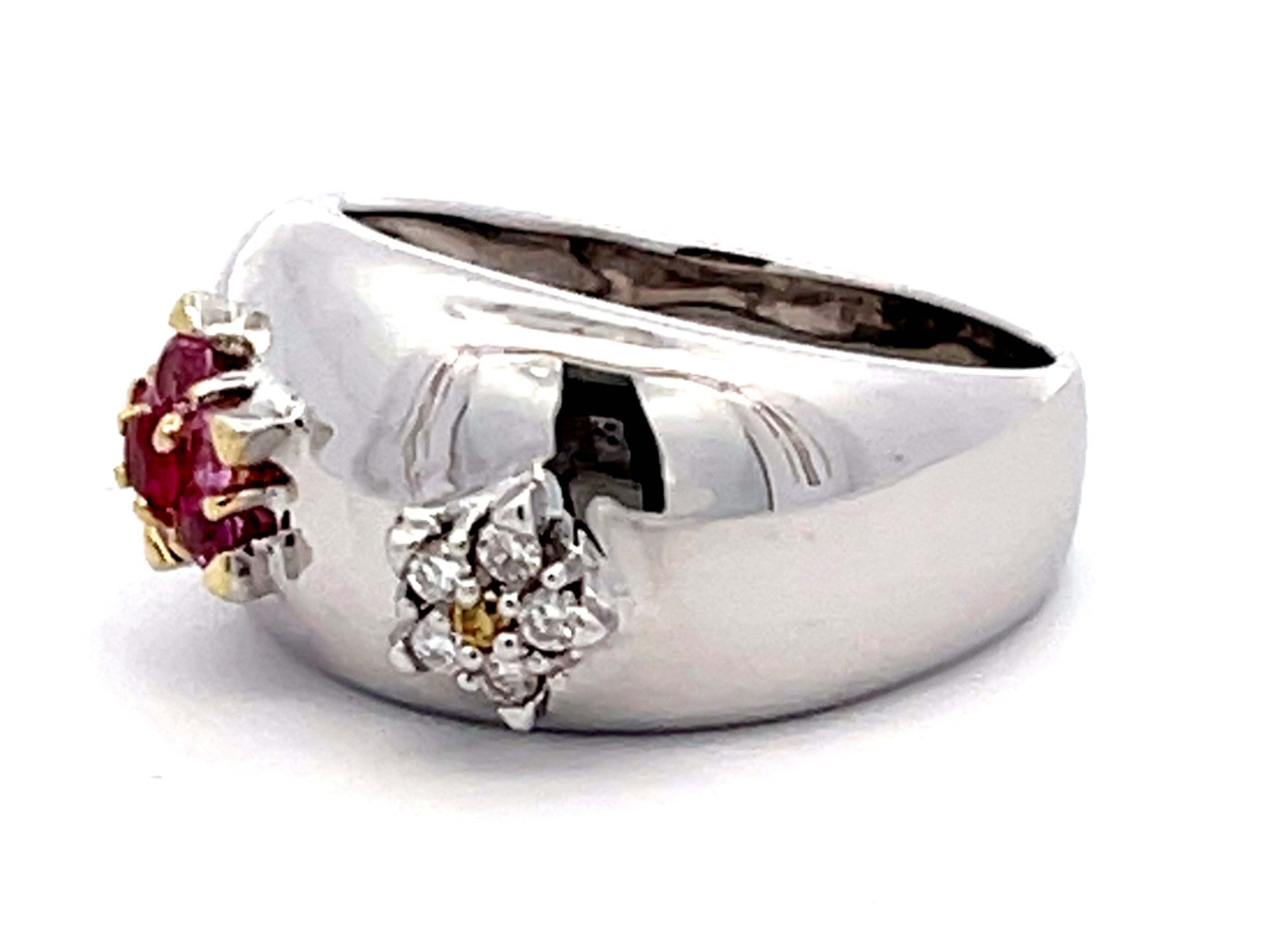 Ruby, Pink Sapphire, White and Yellow Diamond Flower Dome Ring 18k White Gold