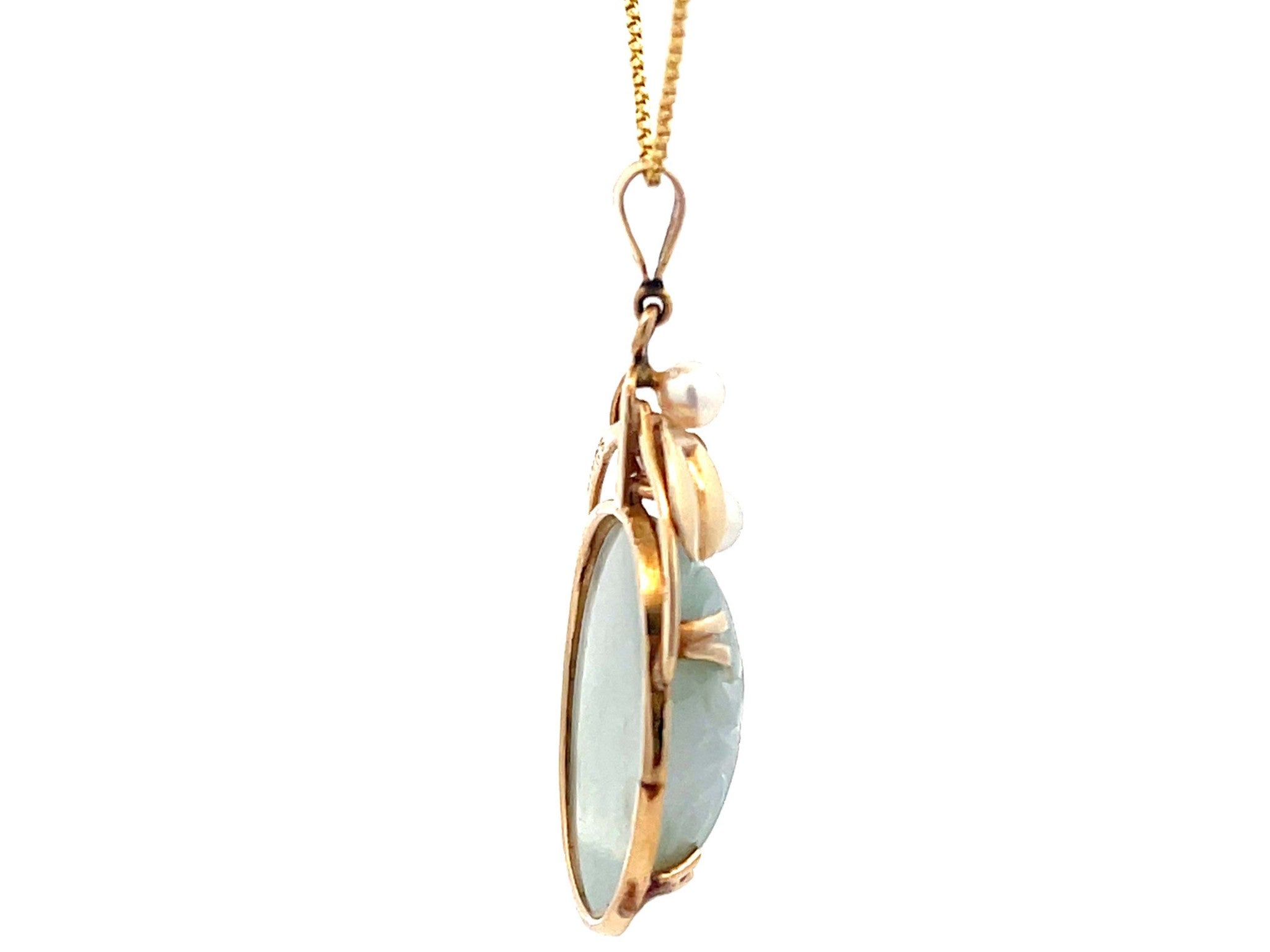 Mings Hawaii Carved Nephrite Jade & Pearl Pendant in 14k Yellow Gold with Chain