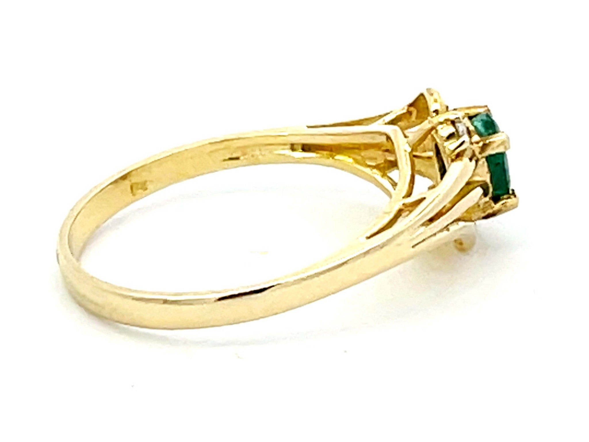Oval Green Emerald and 2 Diamond Stackable Ring in 14k Yellow Gold