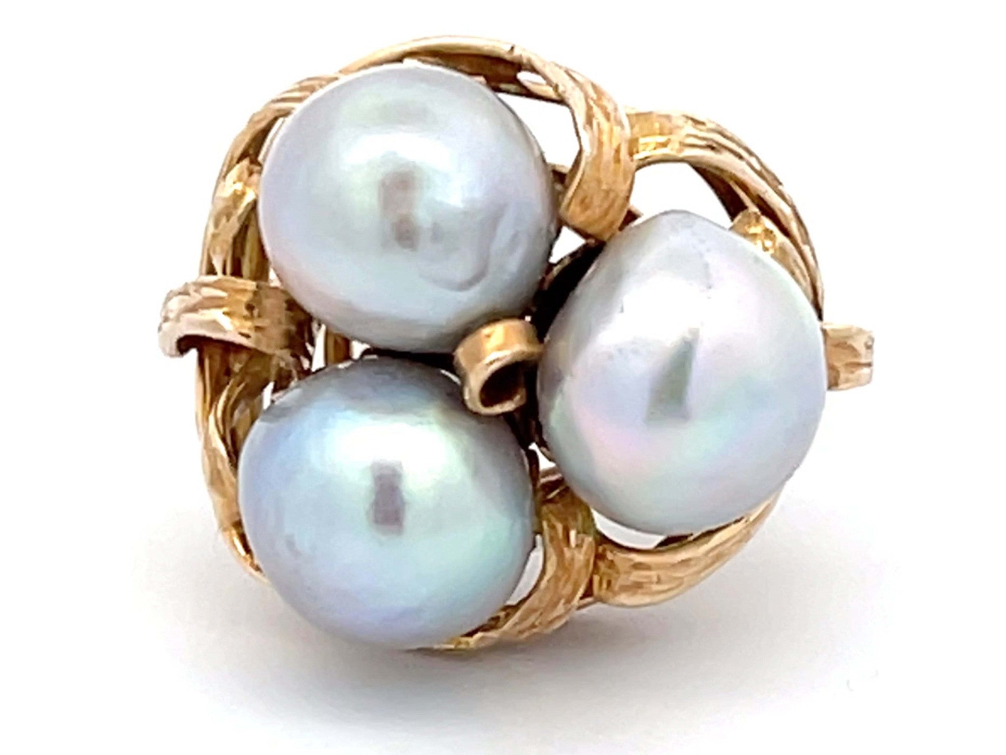 Mings Three Silver Pearl Ring in 14k Yellow Gold