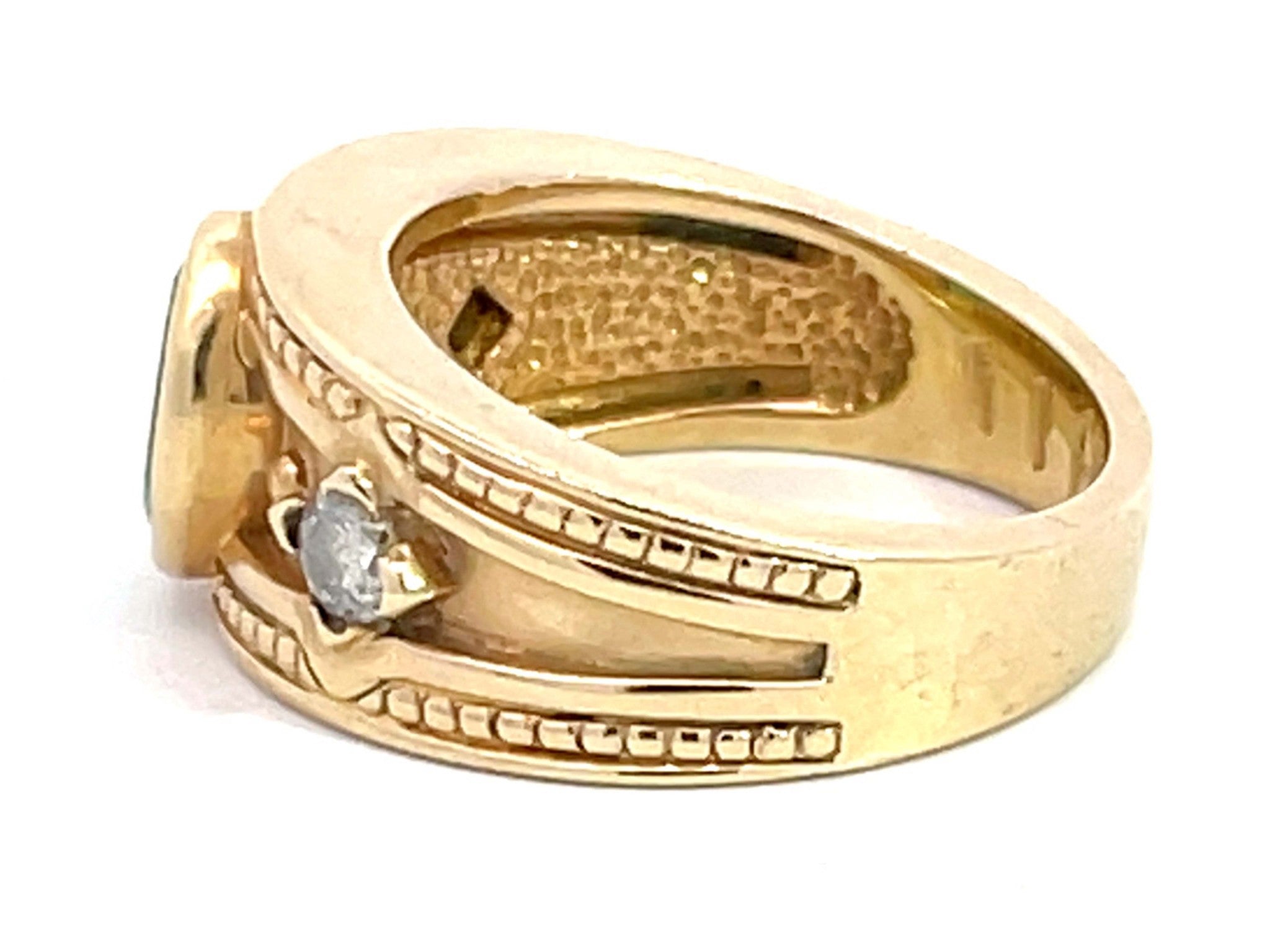 Green Emerald and Diamond Cigar Band Ring in 14k Yellow Gold