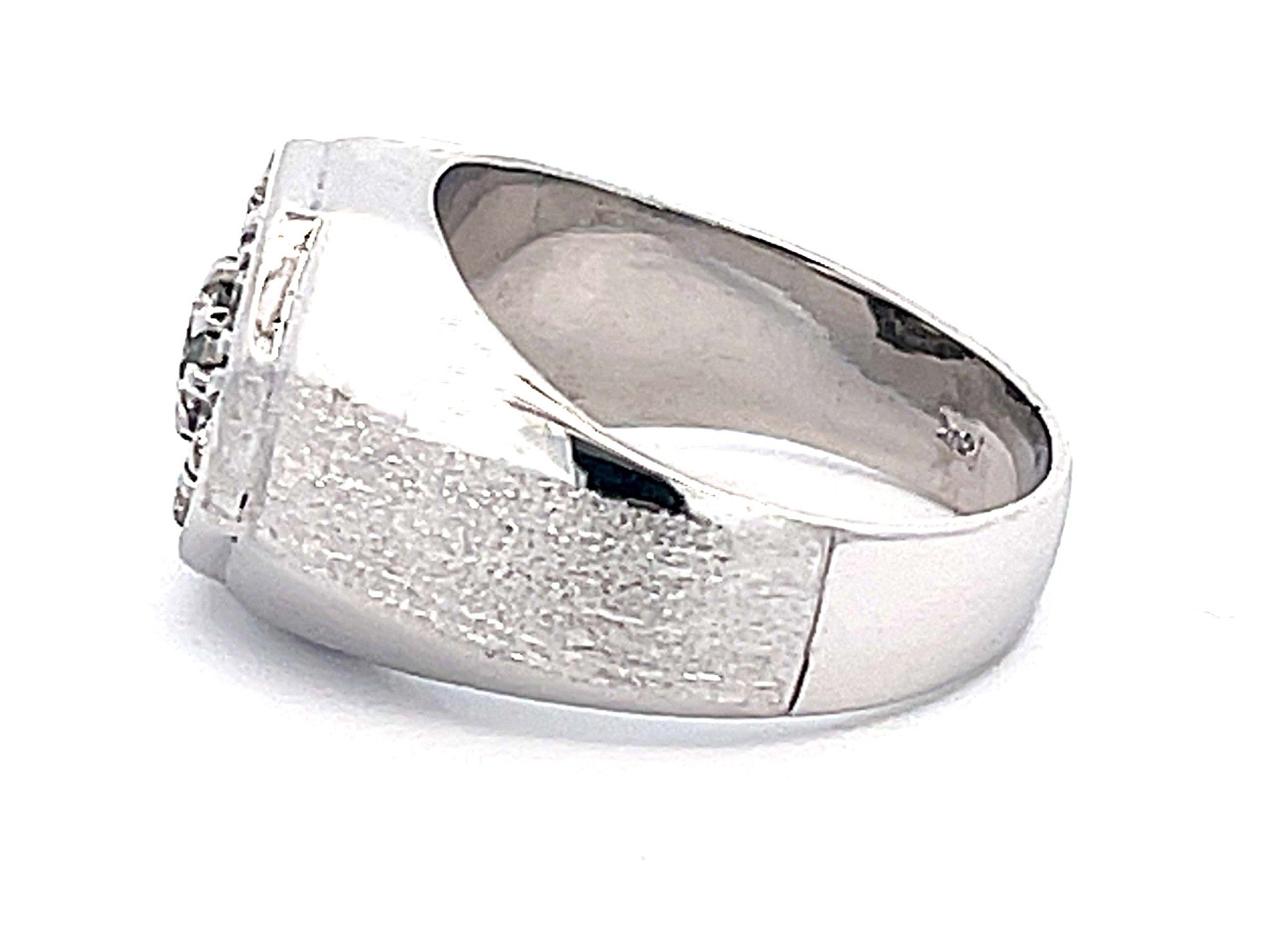 Mens Round Diamond Cluster Center Ring with Textured Shoulders in 14k White Gold