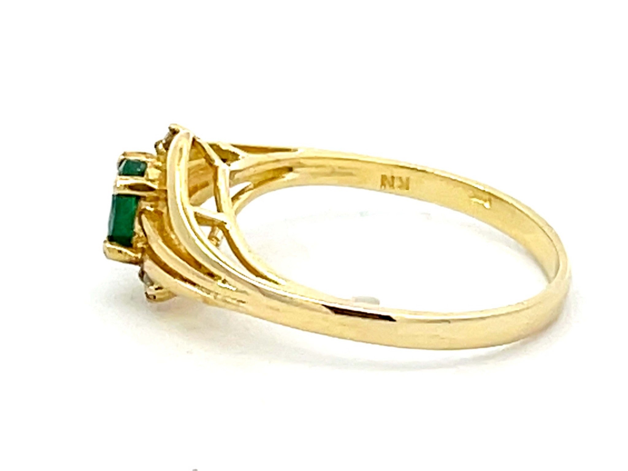 Oval Green Emerald and 2 Diamond Stackable Ring in 14k Yellow Gold