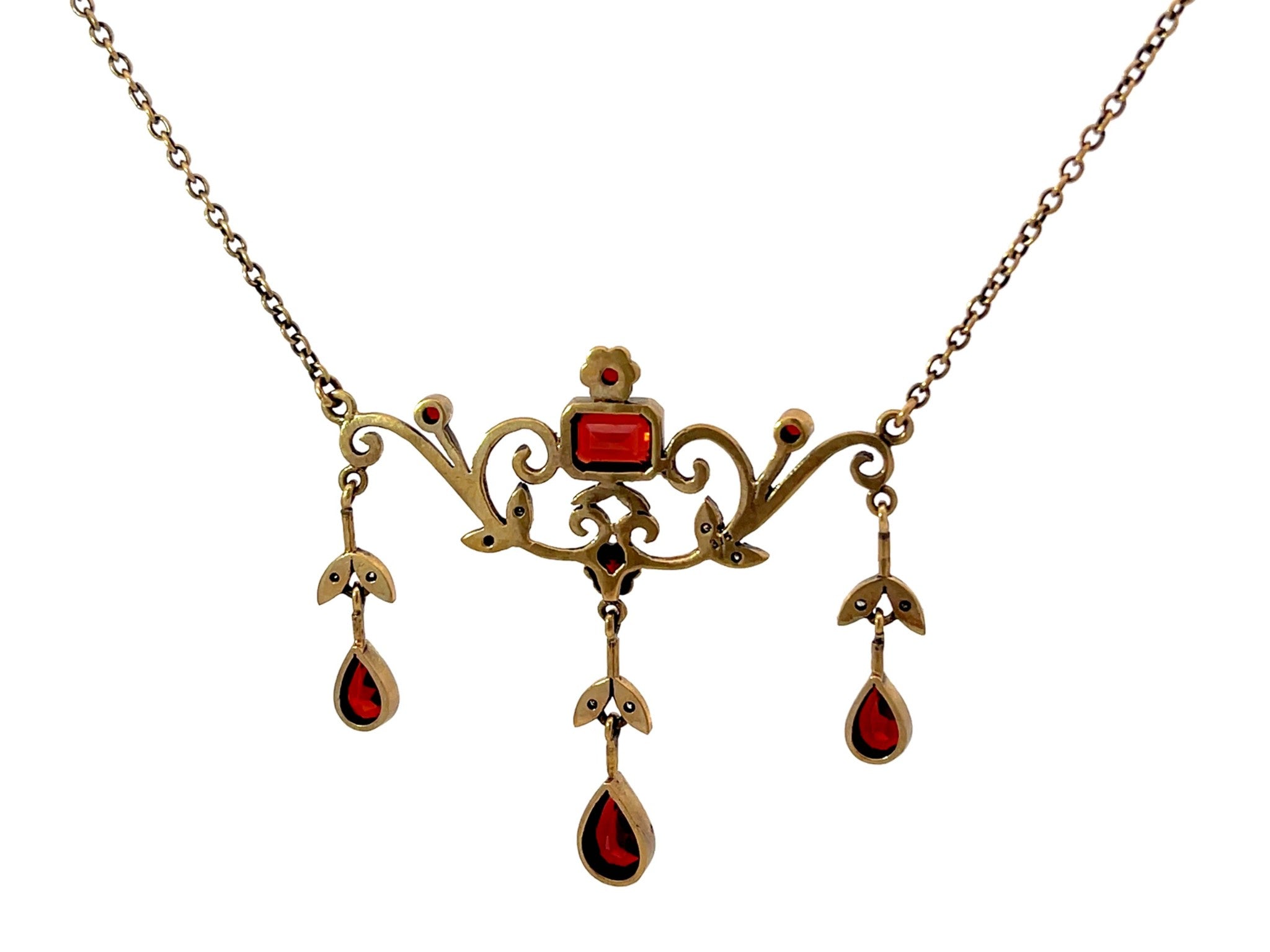 Renaissance Diamond and Red Garnet Dangly Necklace 9k Rose Gold