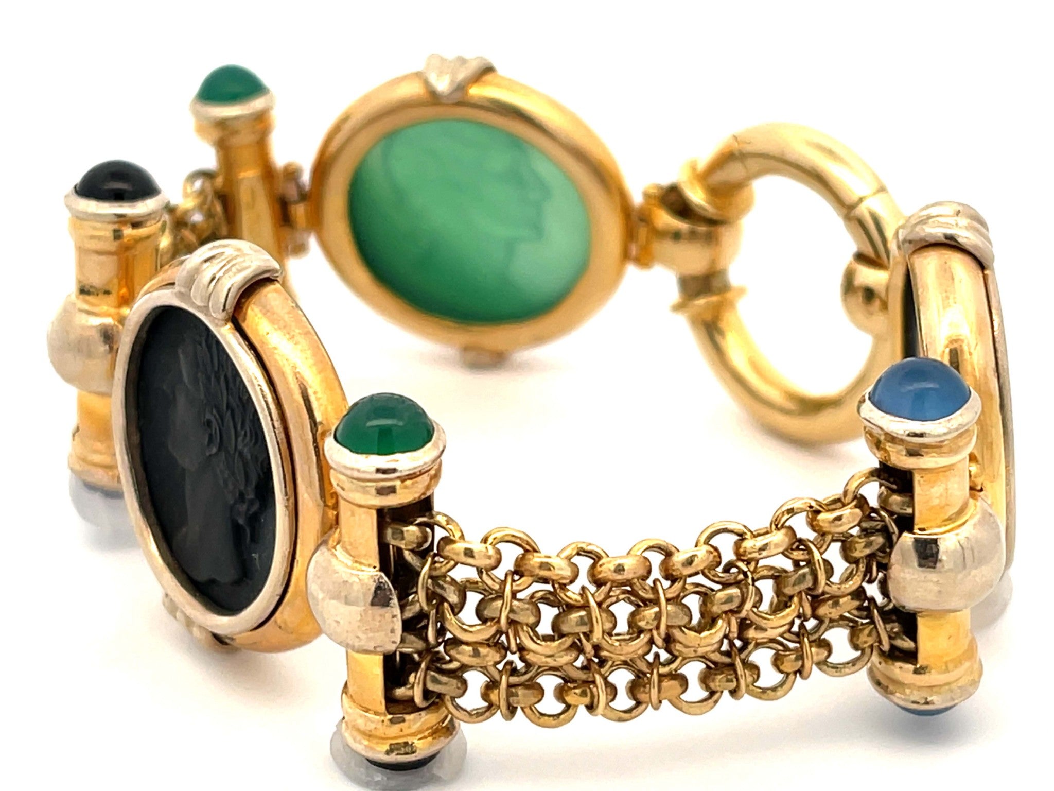 Three Agate Heads Wide Chain Link Bracelet in 14k Yellow Gold