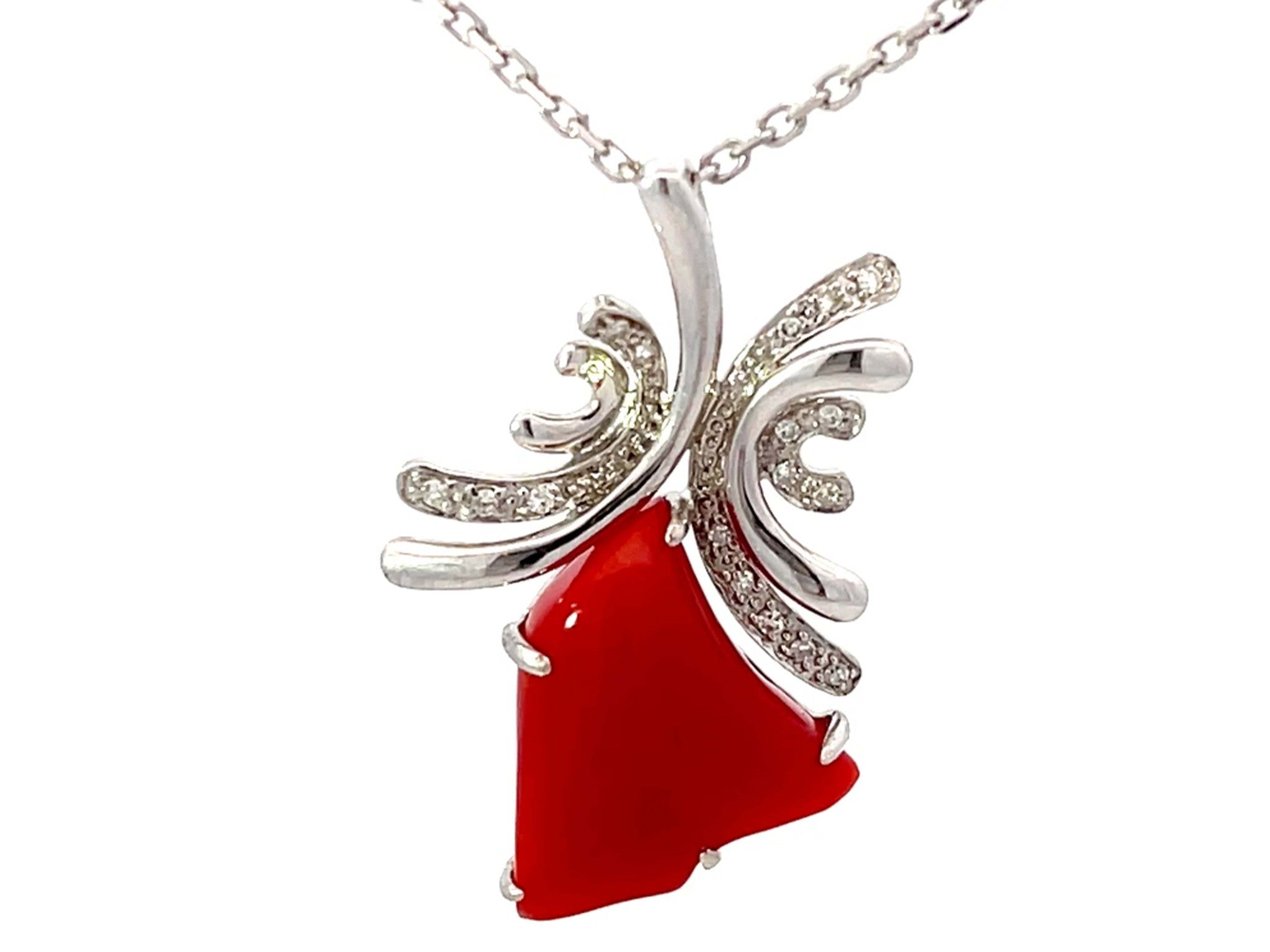 Aka Coral Red Heart Diamond Necklace Solid 14k White Gold